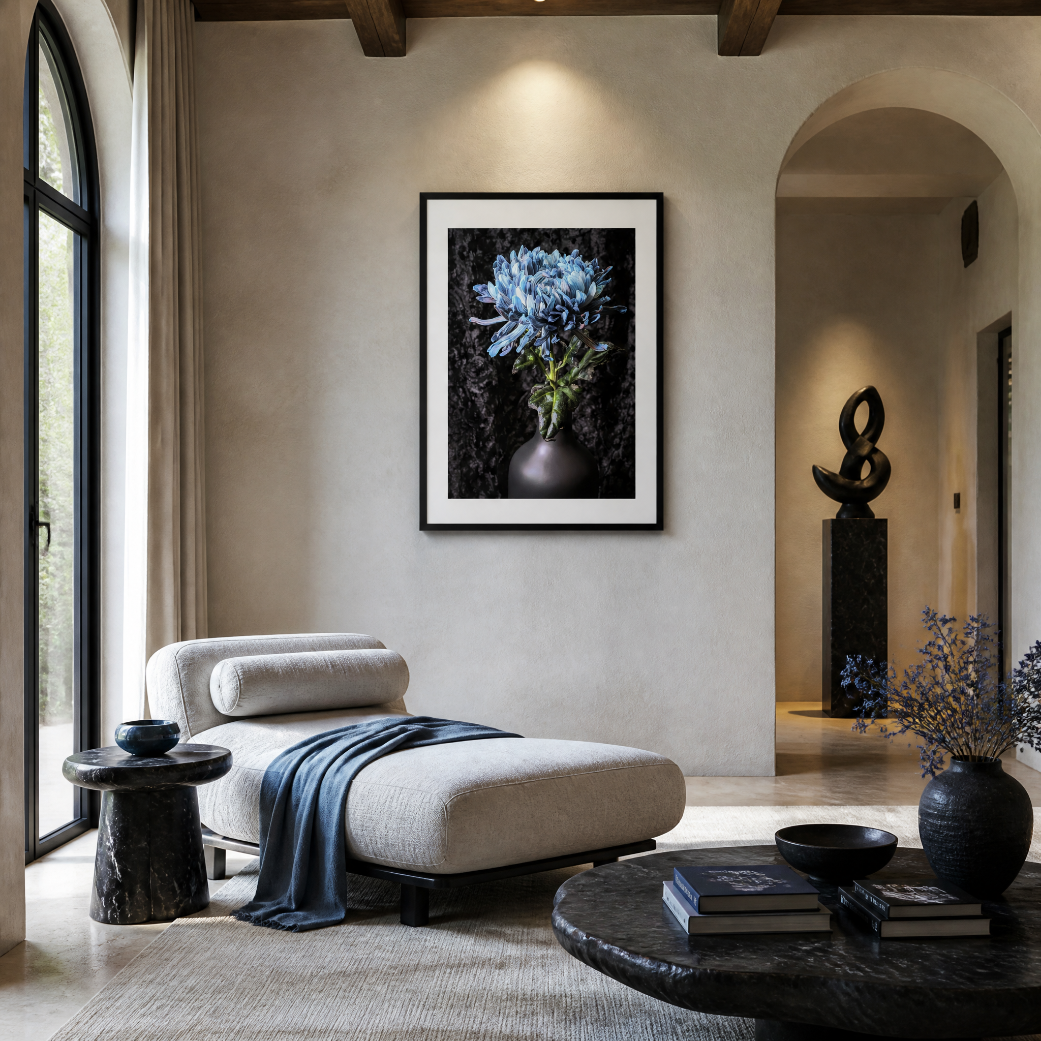 Modern living room with a chaise lounge, coffee table, and framed artwork on the wall. Blue Chrysanthemum ~ Fine Art Photography by Ivo Titzin ~ Limited Edittion Wall Decor by Gito Art