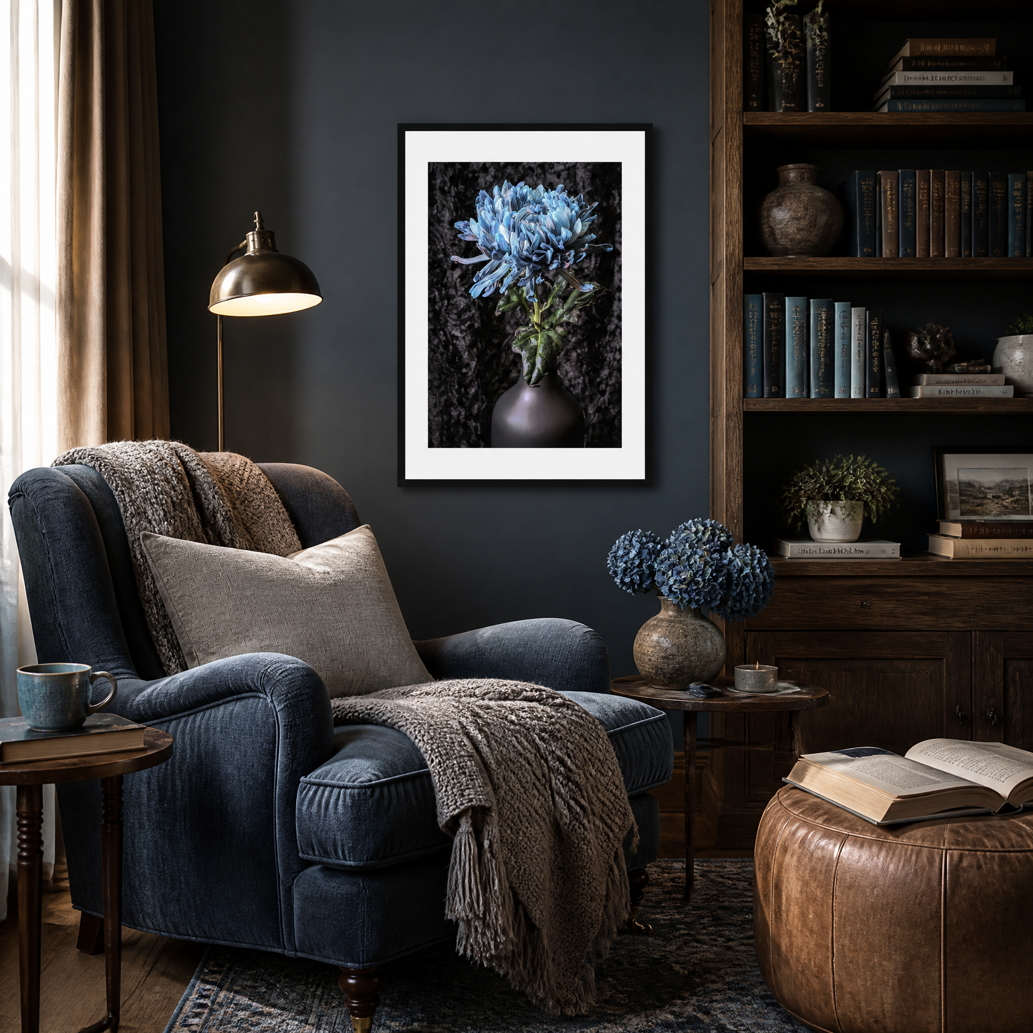 Cozy living room with a blue armchair, bookshelf, and framed artwork. Blue Chrysanthemum ~ Fine Art Photography by Ivo Titzin ~ Limited Edittion Wall Decor by Gito Art