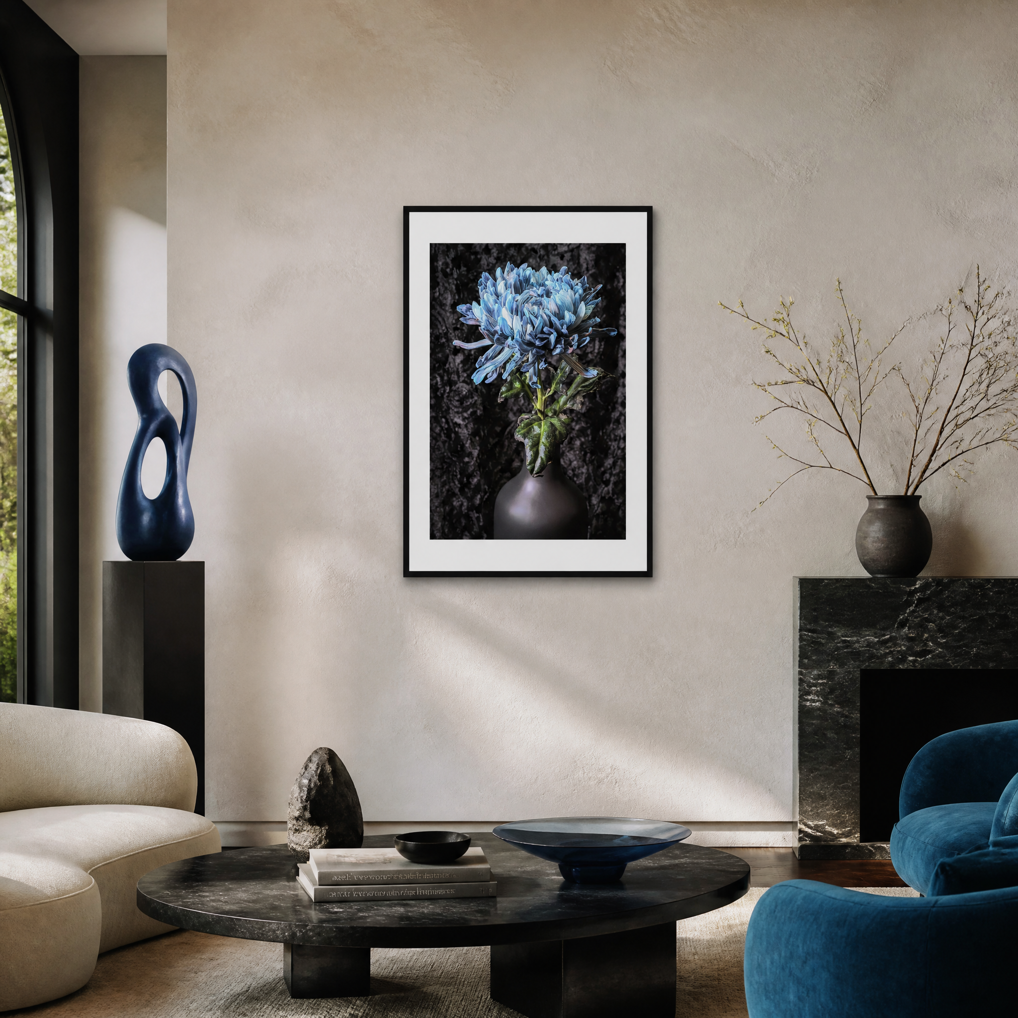 Living room with a framed artwork of flowers, blue sculpture, and decorative items. Blue Chrysanthemum ~ Fine Art Photography by Ivo Titzin ~ Limited Edittion Wall Decor by Gito Art