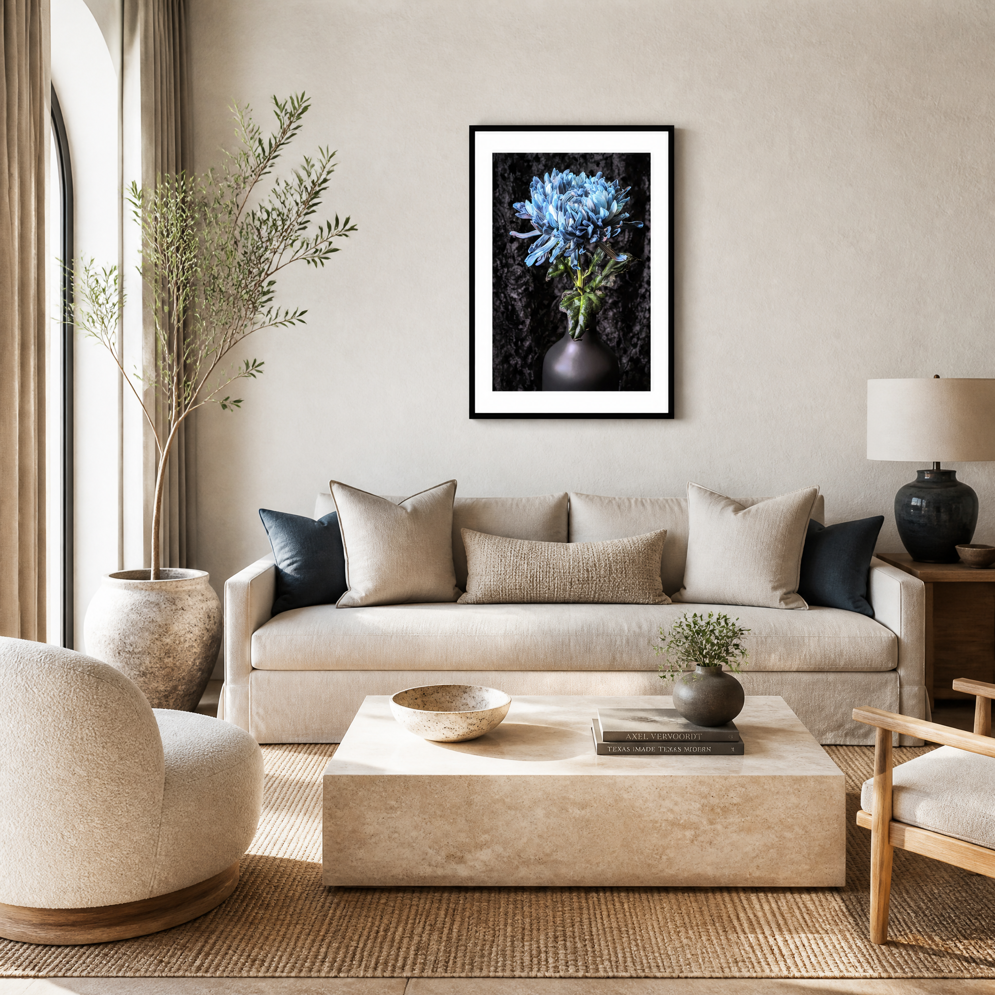 Modern living room with beige sofa, coffee table, and decorative elements. Blue Chrysanthemum ~ Fine Art Photography by Ivo Titzin ~ Limited Edittion Wall Decor by Gito Art