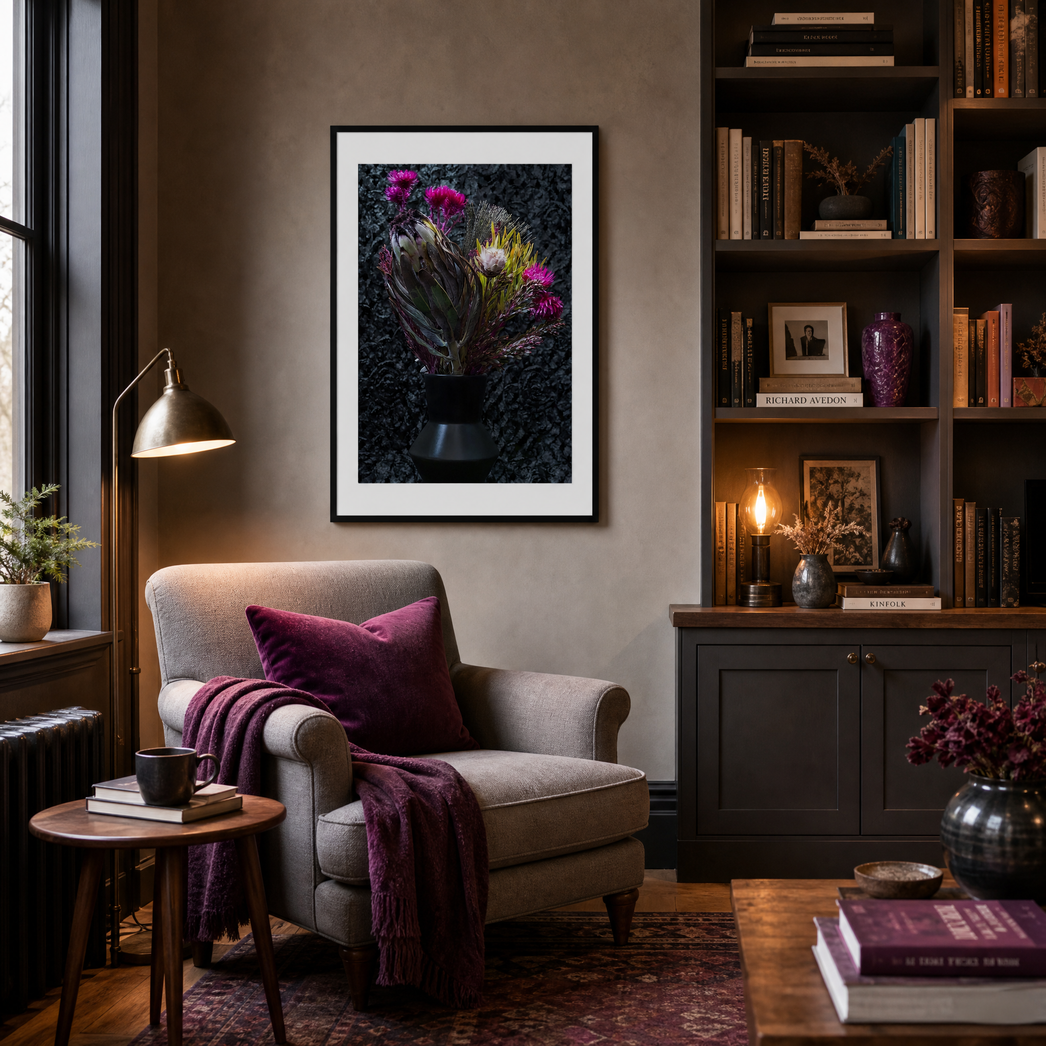 Cozy living room with a gray armchair, bookshelf, and framed artwork. ~ Fine Art Photography by Ivo Titzin ~ Luxury Wall Art by Gito Art