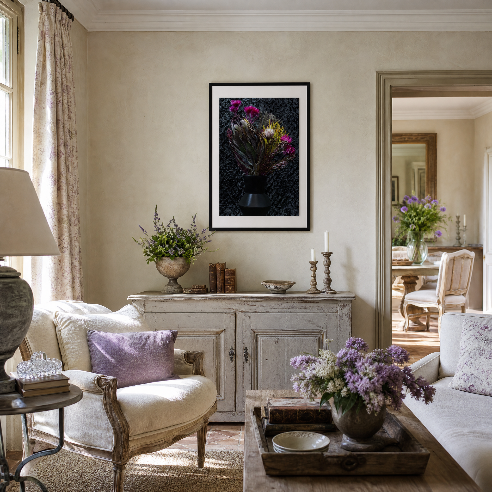 Living room with floral arrangements, a cabinet, and a mirror. ~ Fine Art Photography by Ivo Titzin ~ Luxury Wall Art by Gito Art