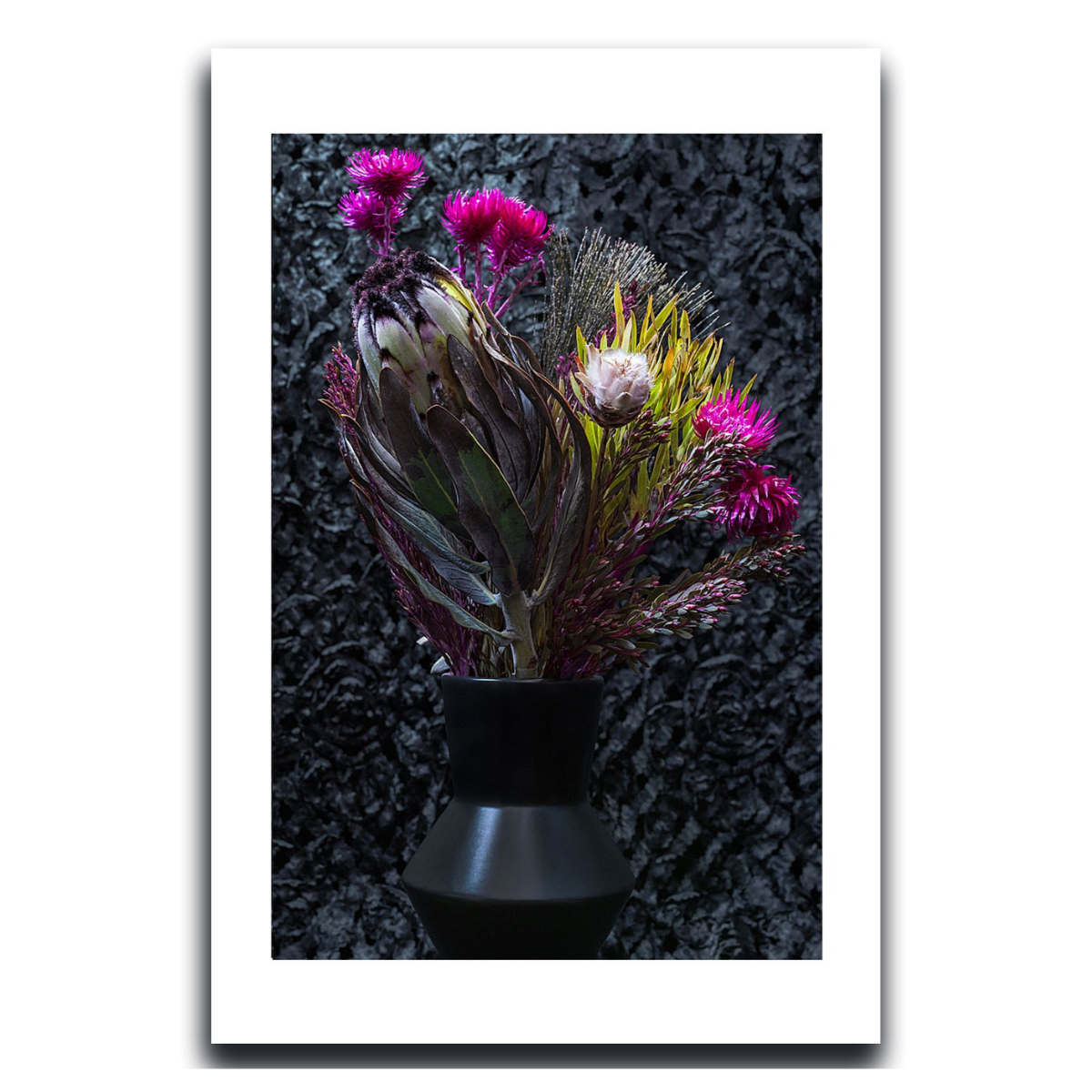 Framed artwork of a bouquet of flowers in a black vase against a dark textured background ~Fine Art Photography by Ivo Titzin ~ Luxury Wall Art by Gito Art