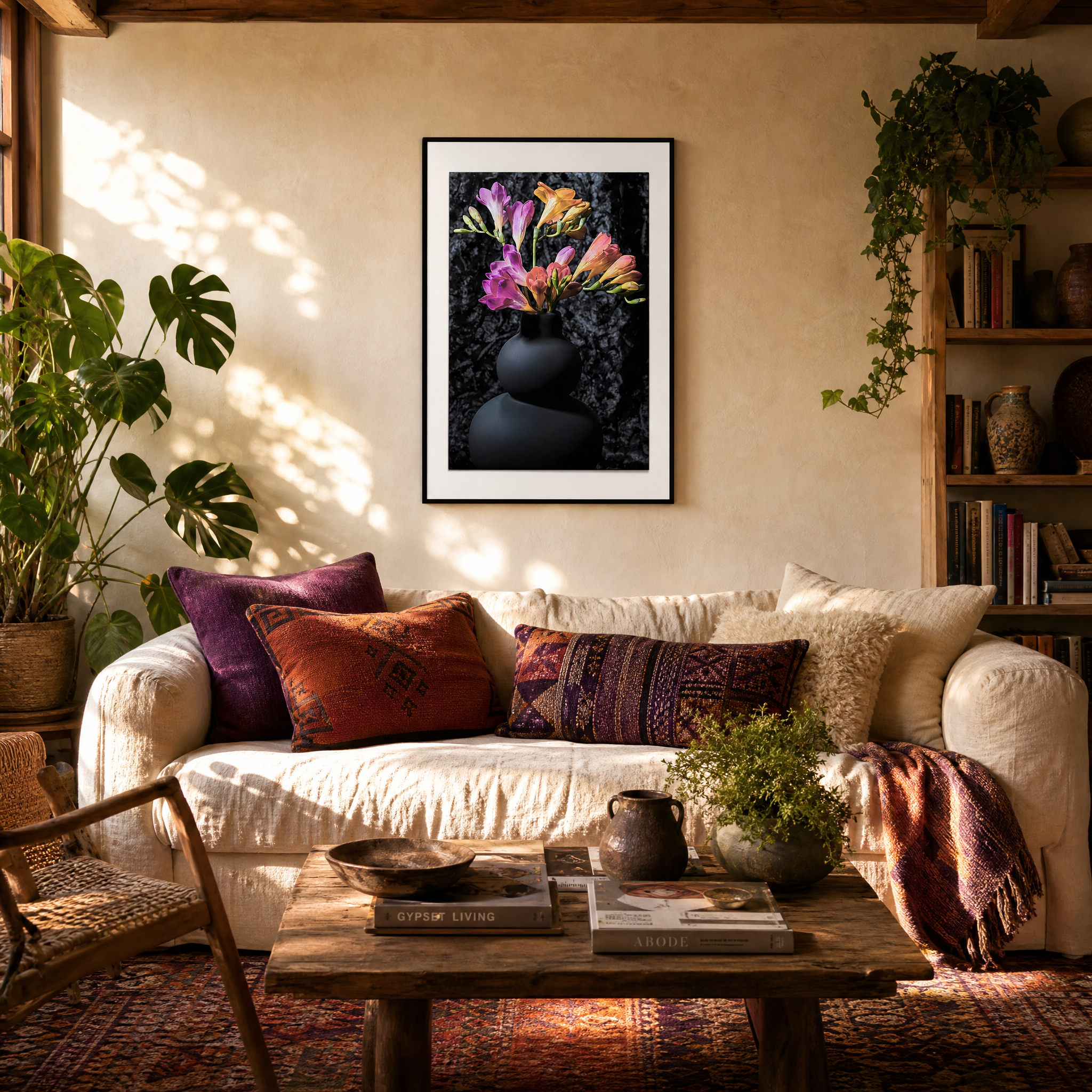 Cozy living room with a couch, coffee table, and wall art. ~ Fine Art Photograpphy by Ivo Titzin ~ Luxury Wall Art by Gito