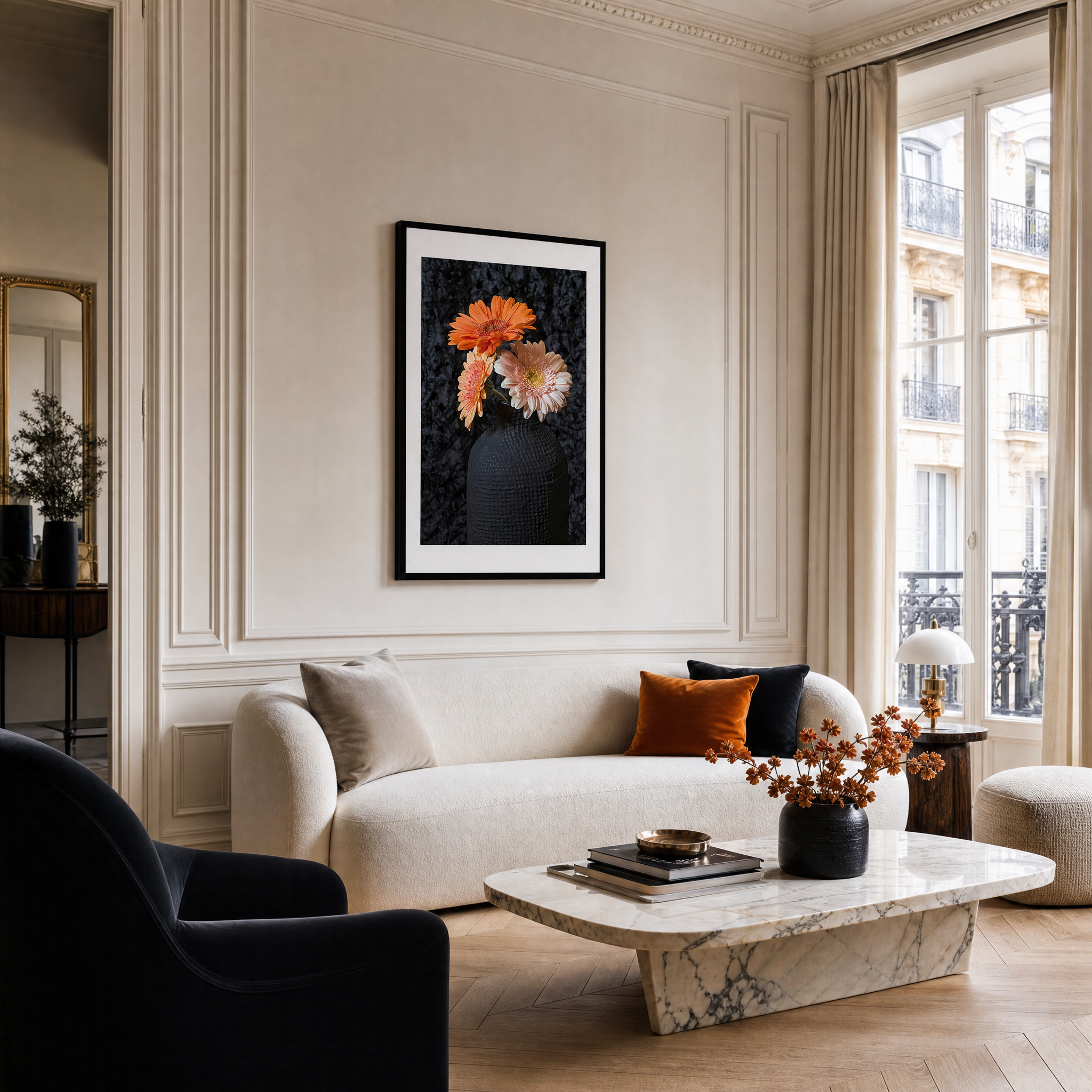 Modern living room with a white sofa, decorative pillows, and a marble coffee table. ~ Fine Art Photography by Ivo Titzin ~ Gito Luxury Wall Art
