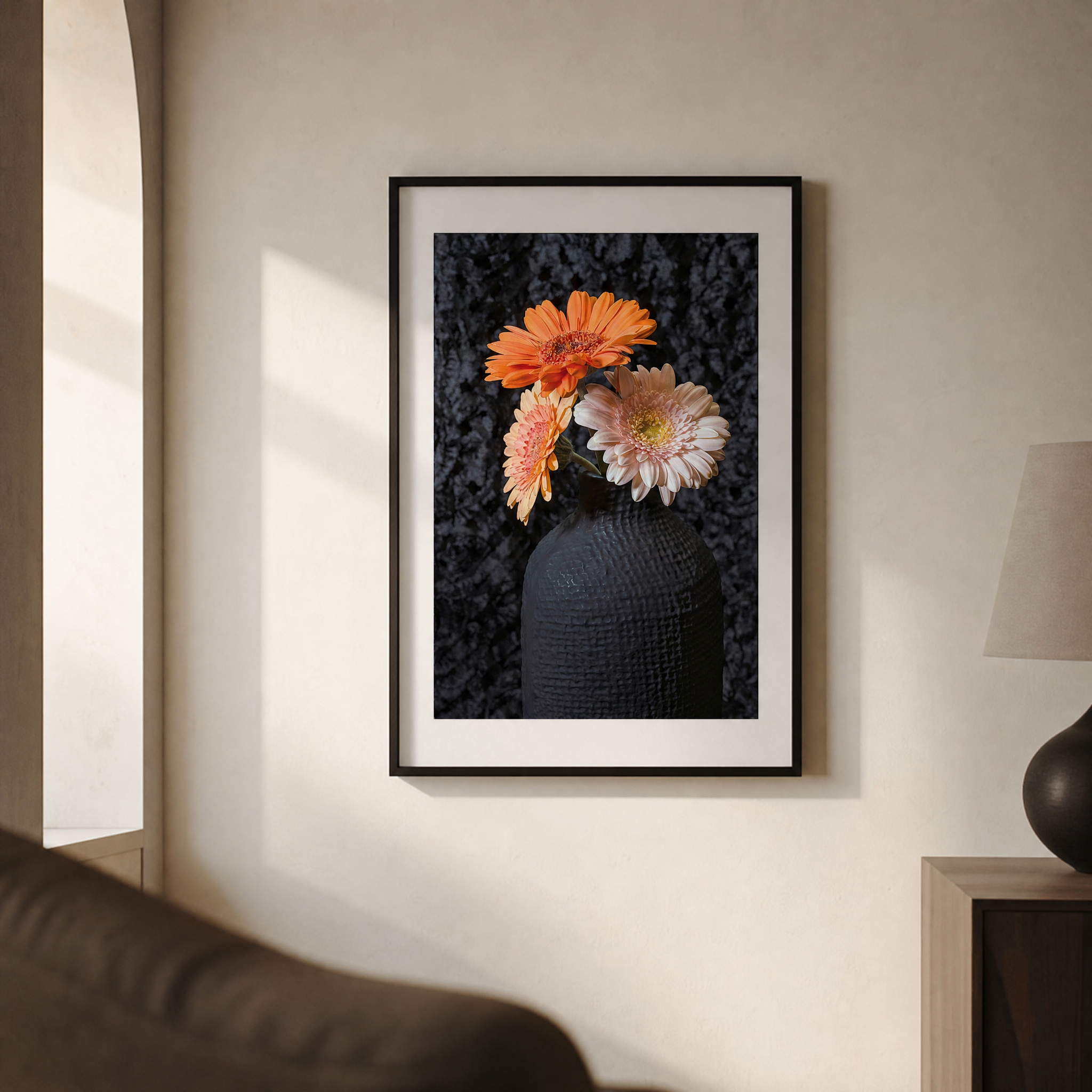 Framed artwork of flowers on a wall in a room with a lamp and vase. ~ Fine Art Photography by Ivo Titzin ~ Gito Luxury Wall Art