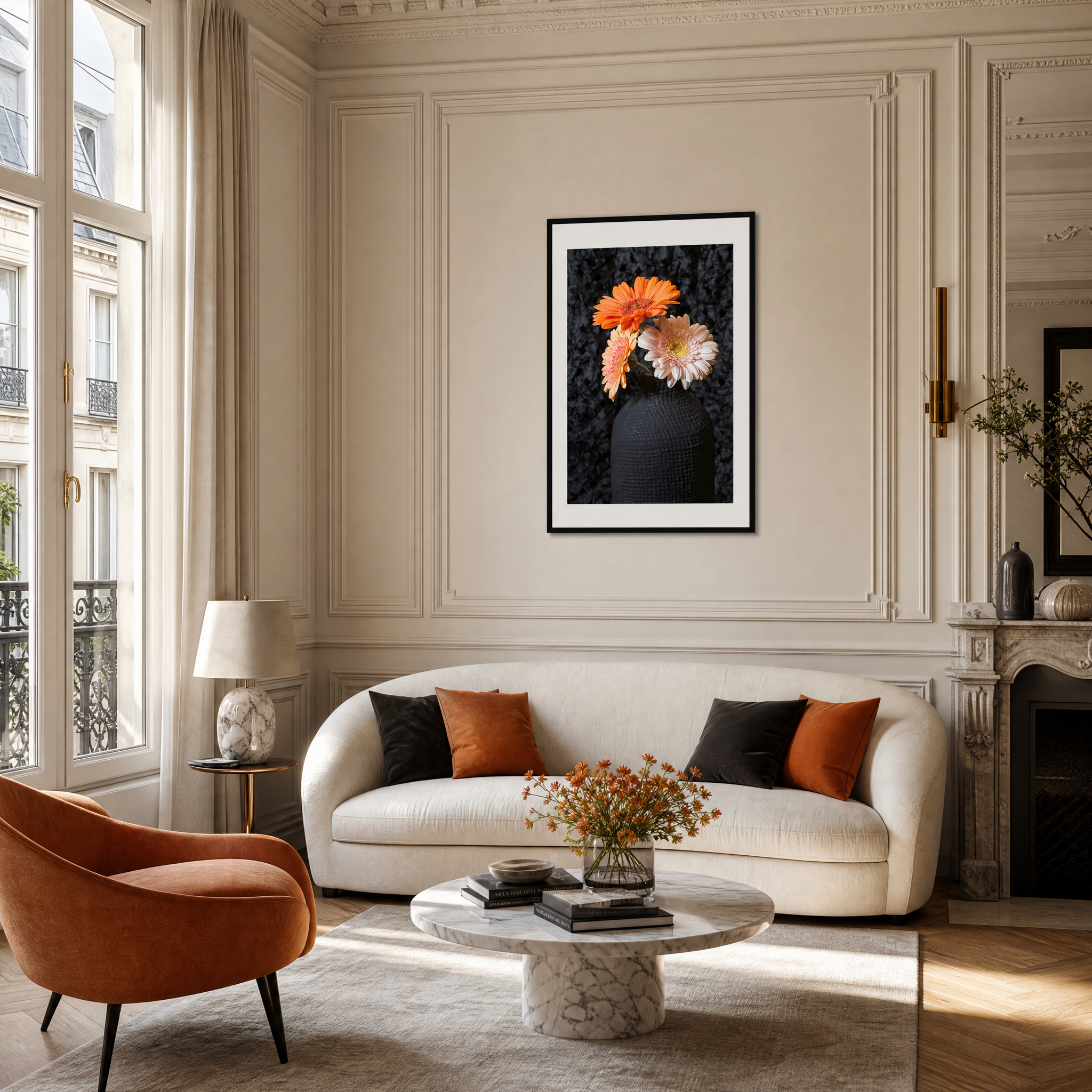Living room with a white sofa, orange armchair, and a framed floral picture on the wall. ~ Fine Art Photography by Ivo Titzin ~ Gito Luxury Wall Art