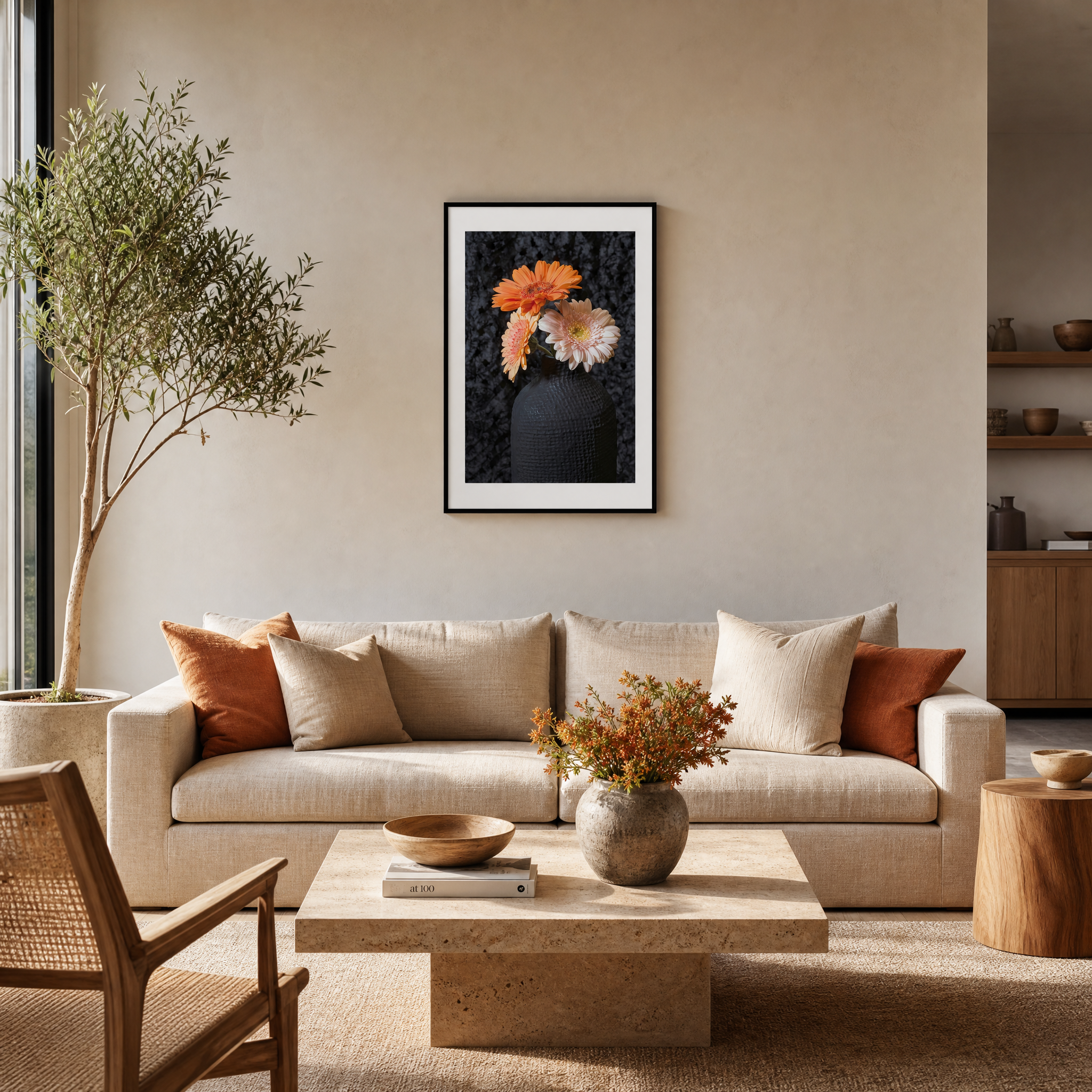 Living room with beige sofa, wooden coffee table, and decorative elements. ~ Fine Art Photography by Ivo Titzin ~ Gito Luxury Wall Art
