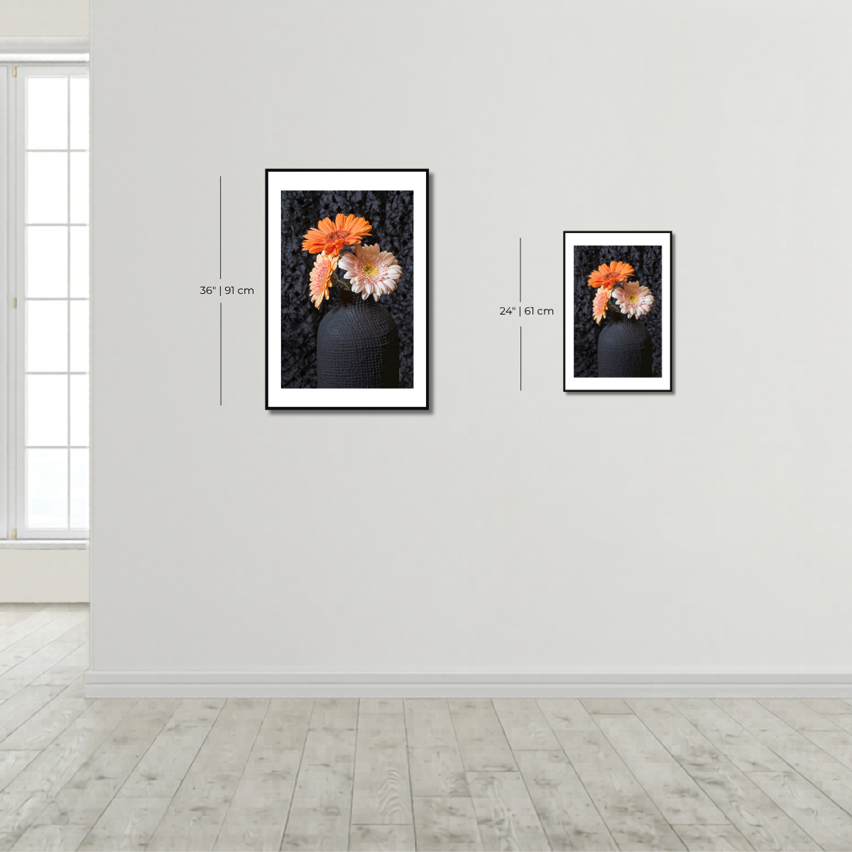 Two framed floral prints on a white wall with measurements indicated. ~ Fine Art Photography by Ivo Titzin ~ Gito Luxury Wall Art