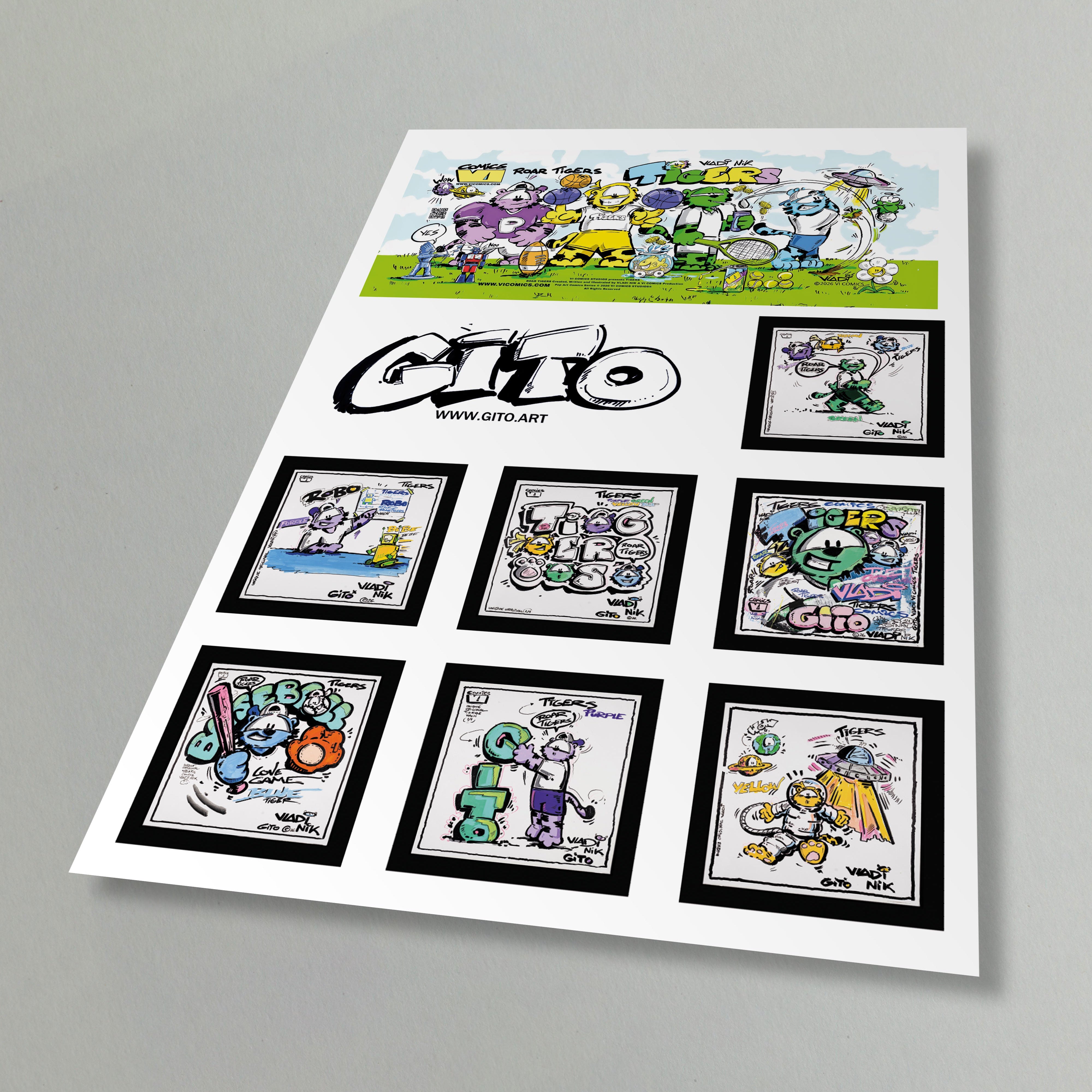 A printed sheet of cartoon-style artwork displayed on a light gray background. The sheet includes a colorful illustrated scene at the top, a large stylized logo reading 'Ctho' in the center, and six small framed comic panels arranged below.