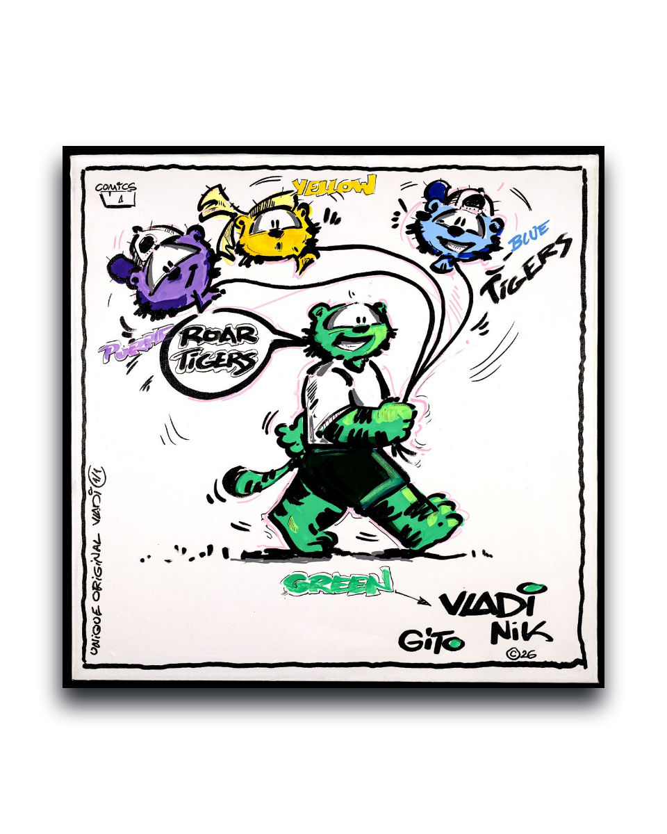 Gito Fine Art Print - Art Vladi Vl Comics - Tigers
A framed cartoon art print featuring a green tiger character in the center with other colorful cartoon animals around it, including purple, yellow, and blue figures. The print has a black border and is shown against a plain white background with a soft drop shadow.