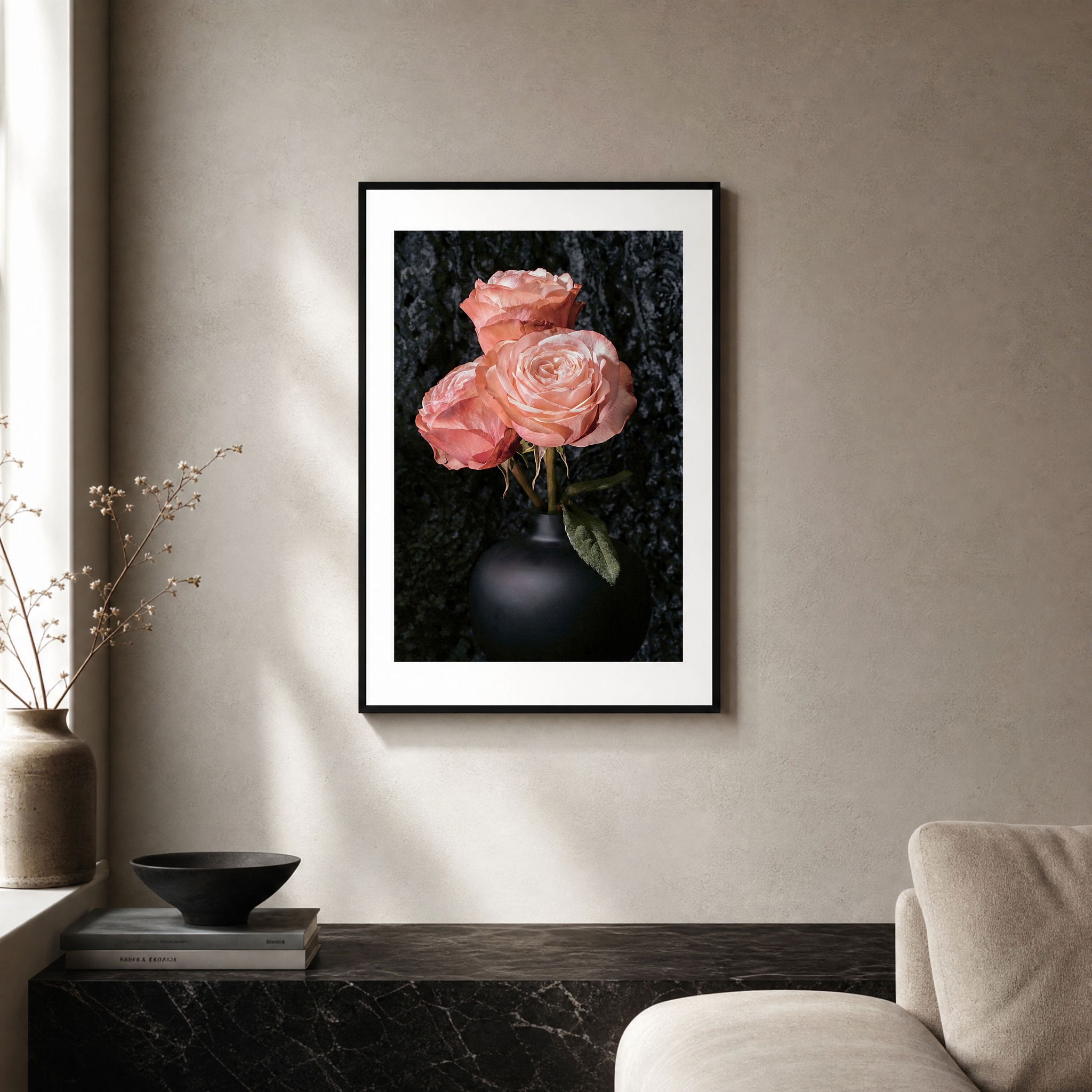 Framed artwork of pink roses on a wall in a living room setting. ~ Hybrid Tea Rose ~ Fine Art Photography by Ivo Titzin ~ Limited edittion Luxury Wall Art by Gito