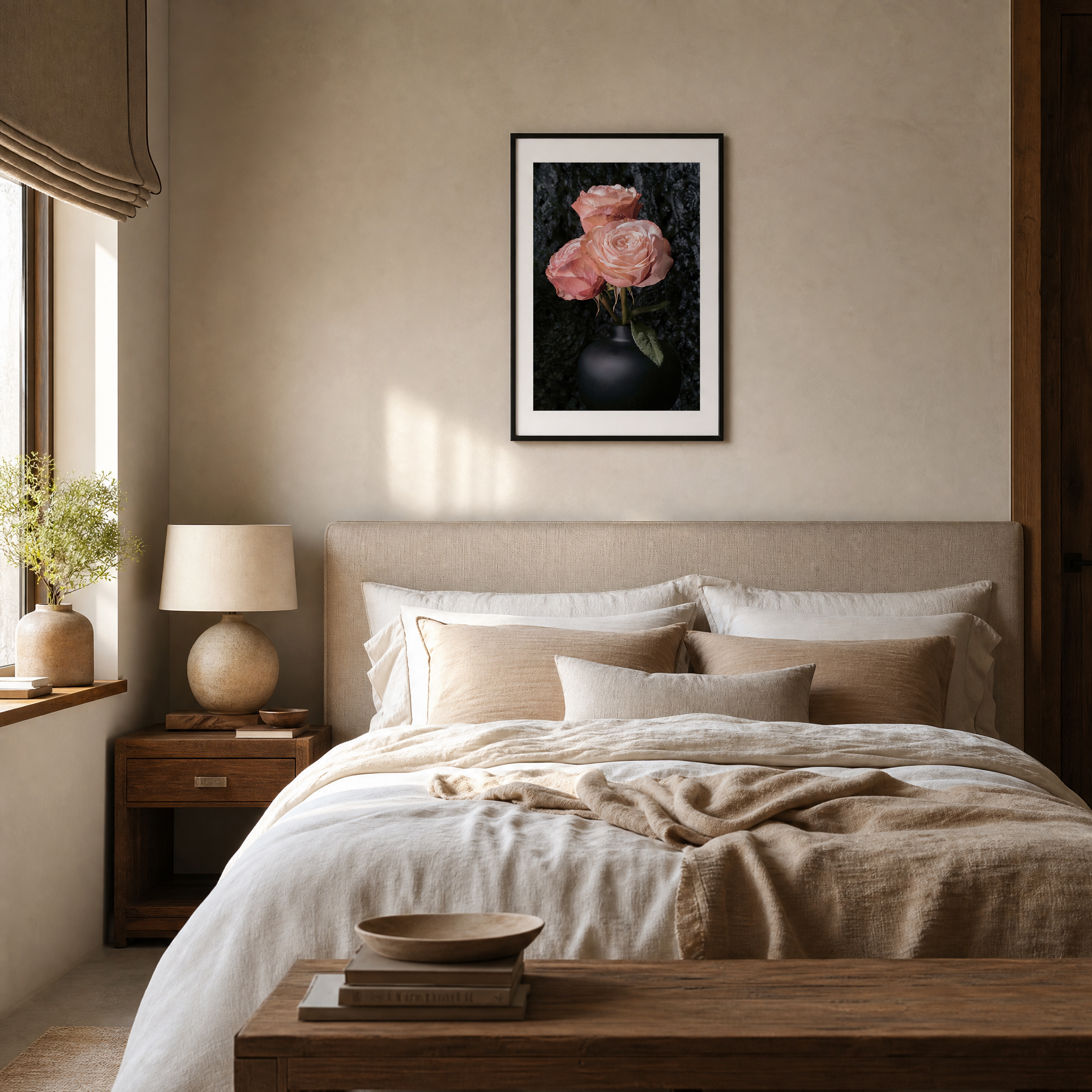 Cozy bedroom with a bed, nightstands, and wall art. ~ Hybrid Tea Rose ~ Fine Art Photography by Ivo Titzin ~ Limited edittion Luxury Wall Art by Gito