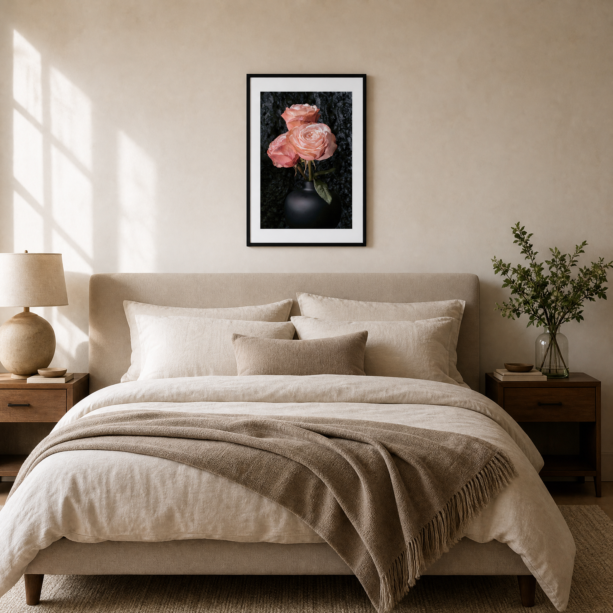 Neatly made bed with beige bedding in a bedroom setting, featuring a framed floral print on the wall. ~ Hybrid Tea Rose ~ Fine Art Photography by Ivo Titzin ~ Limited edittion Luxury Wall Art by Gito
