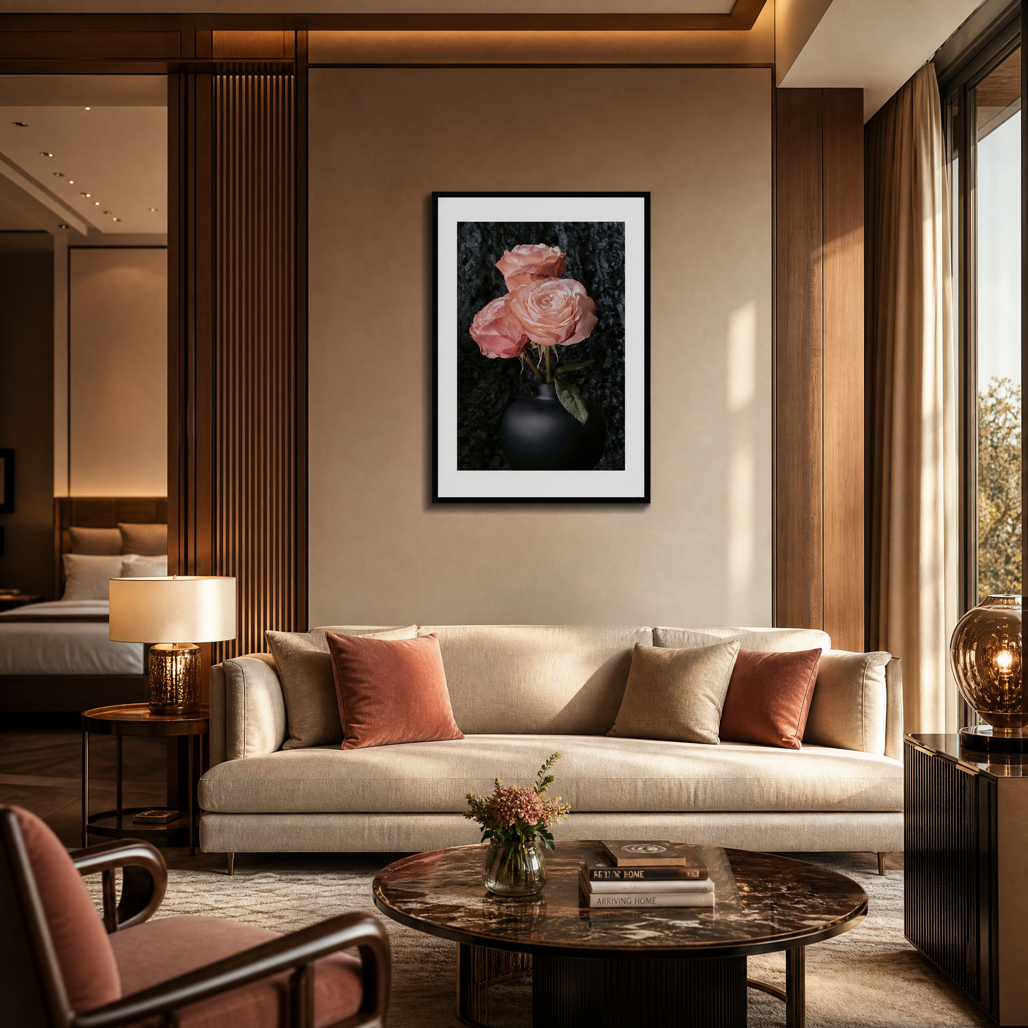 Luxurious living room with a sofa, coffee table, and wall art of roses. ~ Hybrid Tea Rose ~ Fine Art Photography by Ivo Titzin ~ Limited edittion Luxury Wall Art by Gito