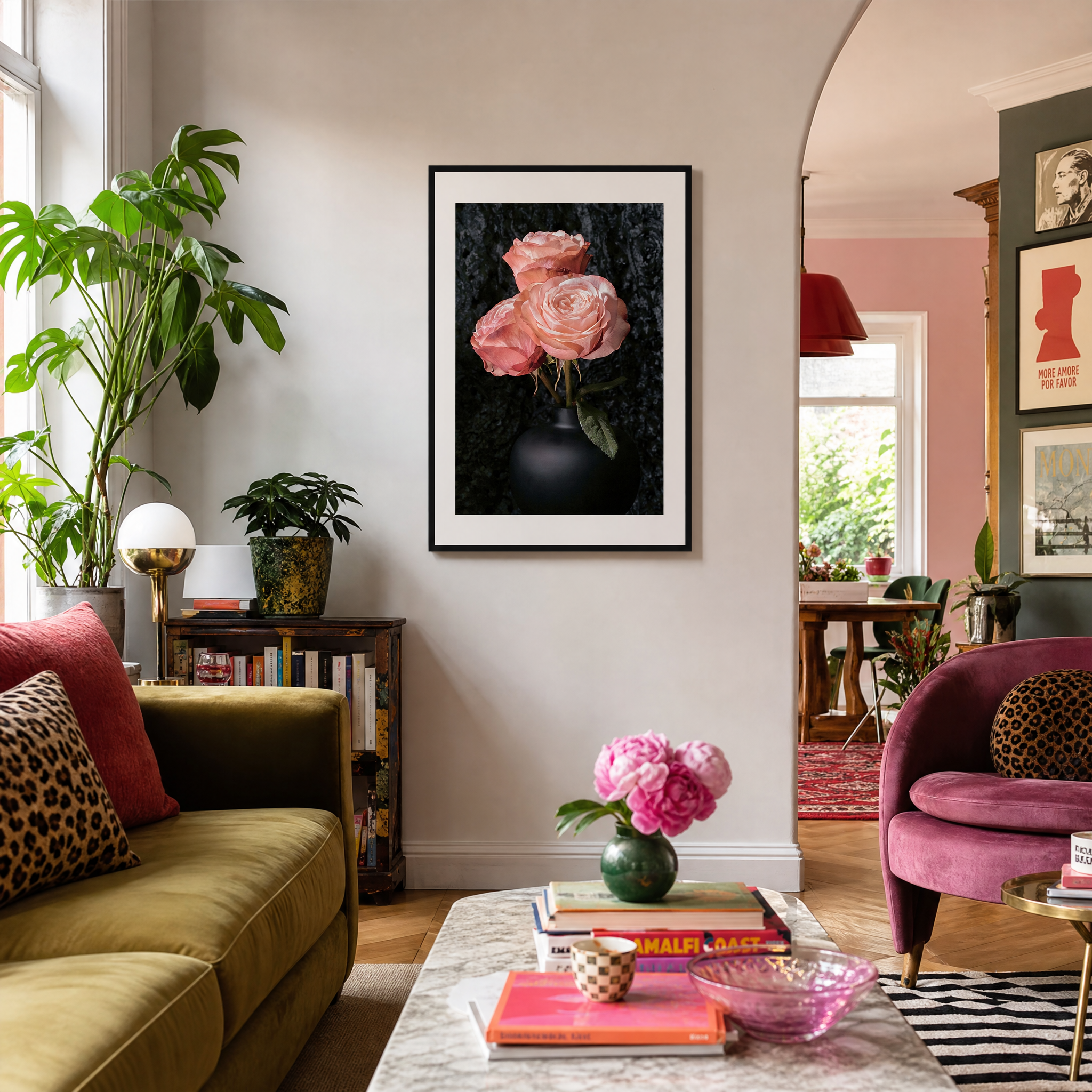 Living room with a framed artwork of pink roses, a pink chair, and a coffee table with books and a vase. ~ Hybrid Tea Rose ~ Fine Art Photography by Ivo Titzin ~ Limited edittion Luxury Wall Art by Gito