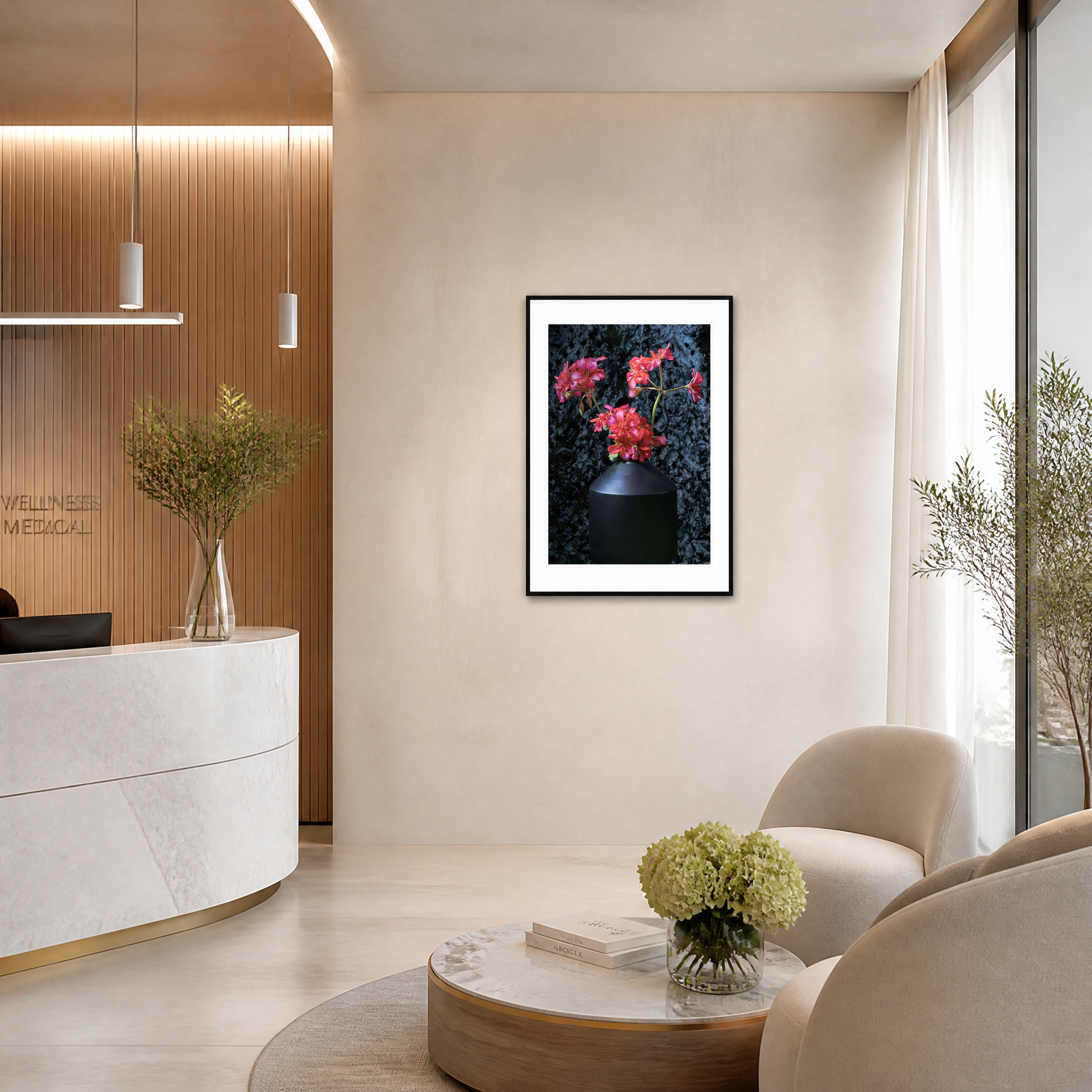 Modern interior design with a reception desk, chairs, and decorative elements. ~ Fine Art Photography by Ivo Titzin ~ Black Series ~ Limited edittion Wall Art by Gito