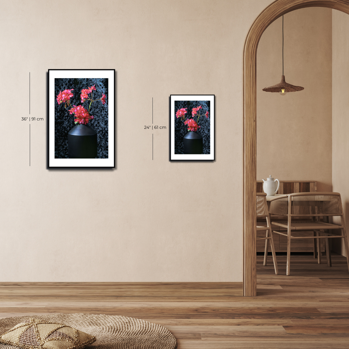 Two framed pictures of flowers on a wall with a dining area in the ~ Fine Art Photography by Ivo Titzin ~ Black Series ~ Limited edittion Wall Art by Gitobackground.