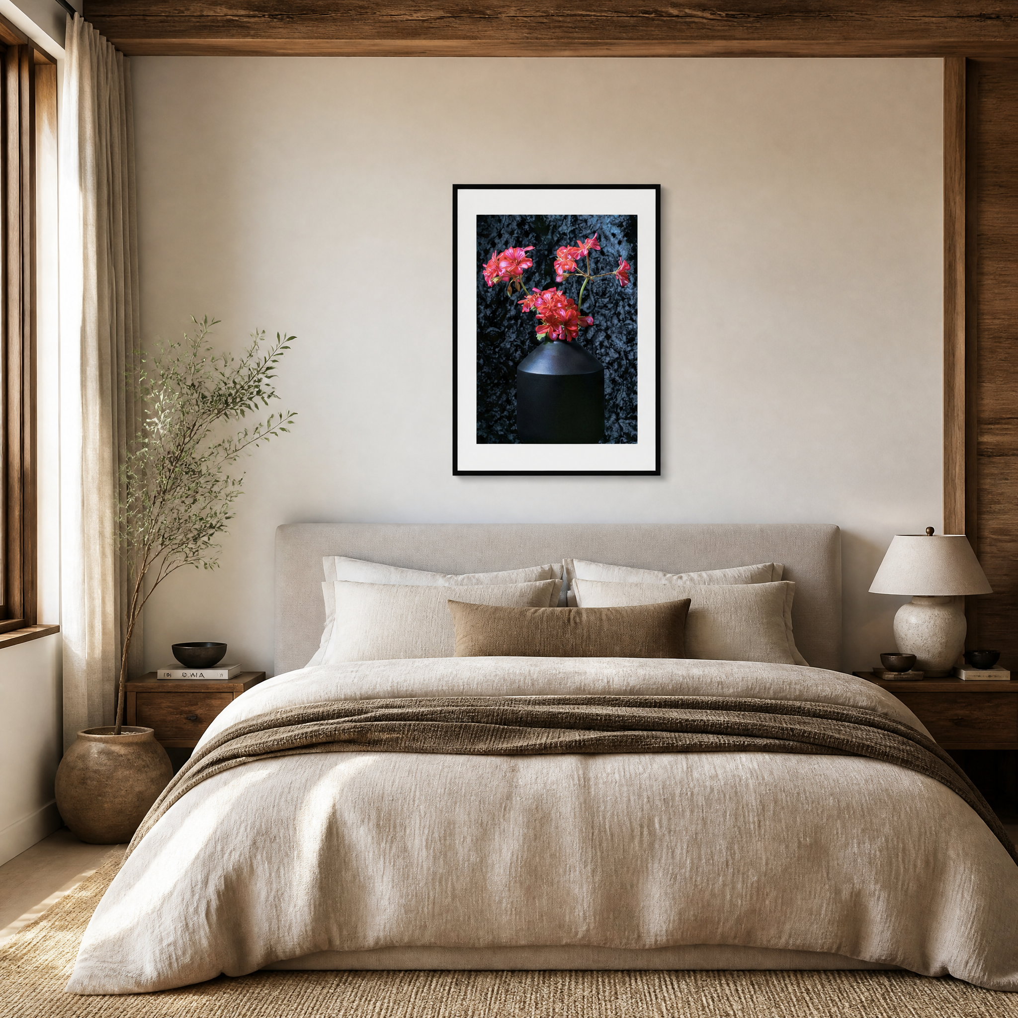 Neatly made bed in a bedroom with a painting of flowers on the wall. ~ Fine Art Photography by Ivo Titzin ~ Black Series ~ Limited edittion Wall Art by Gito