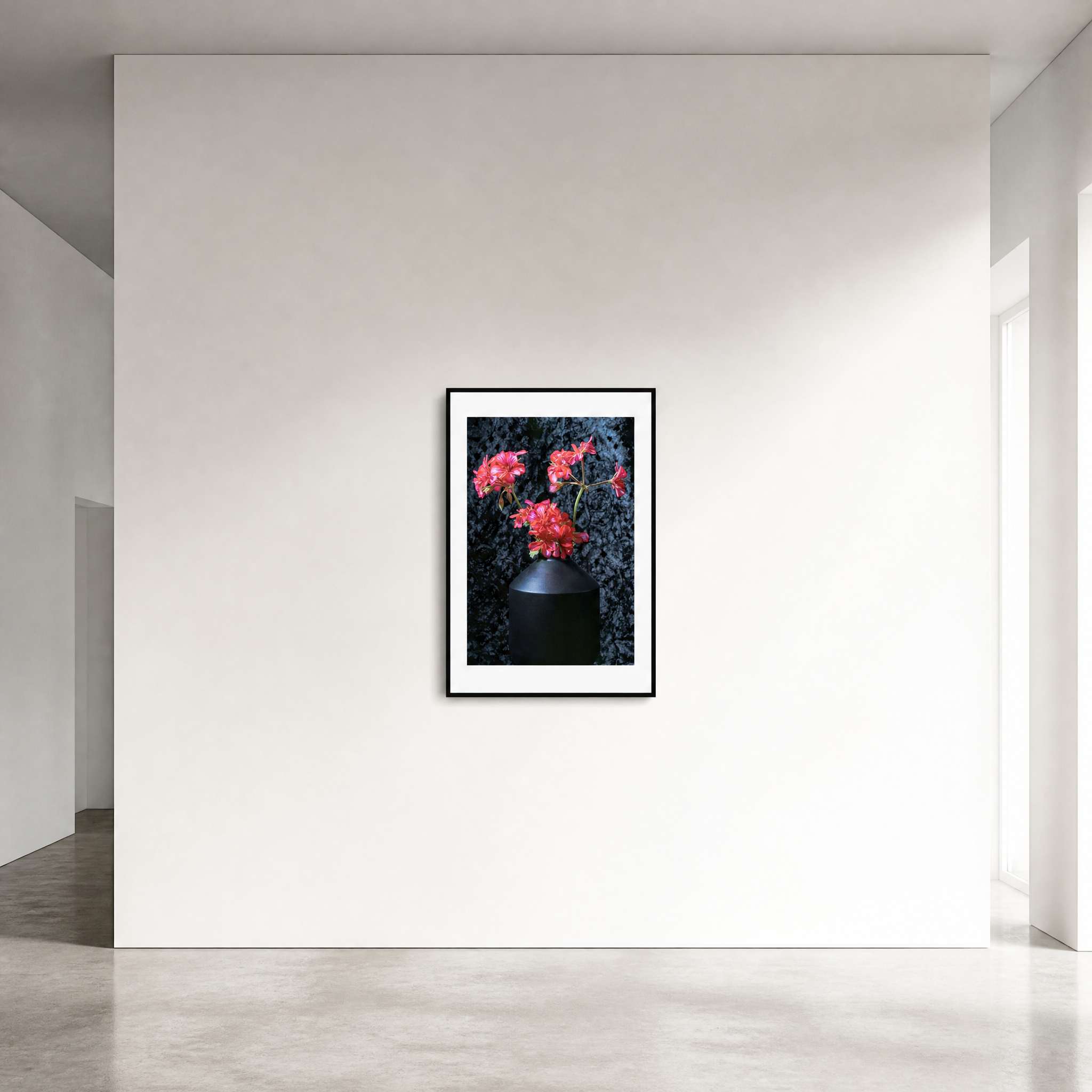 Framed artwork of red flowers in a black vase on a white wall. ~ Fine Art Photography by Ivo Titzin ~ Black Series ~ Limited edittion Wall Art by Gito