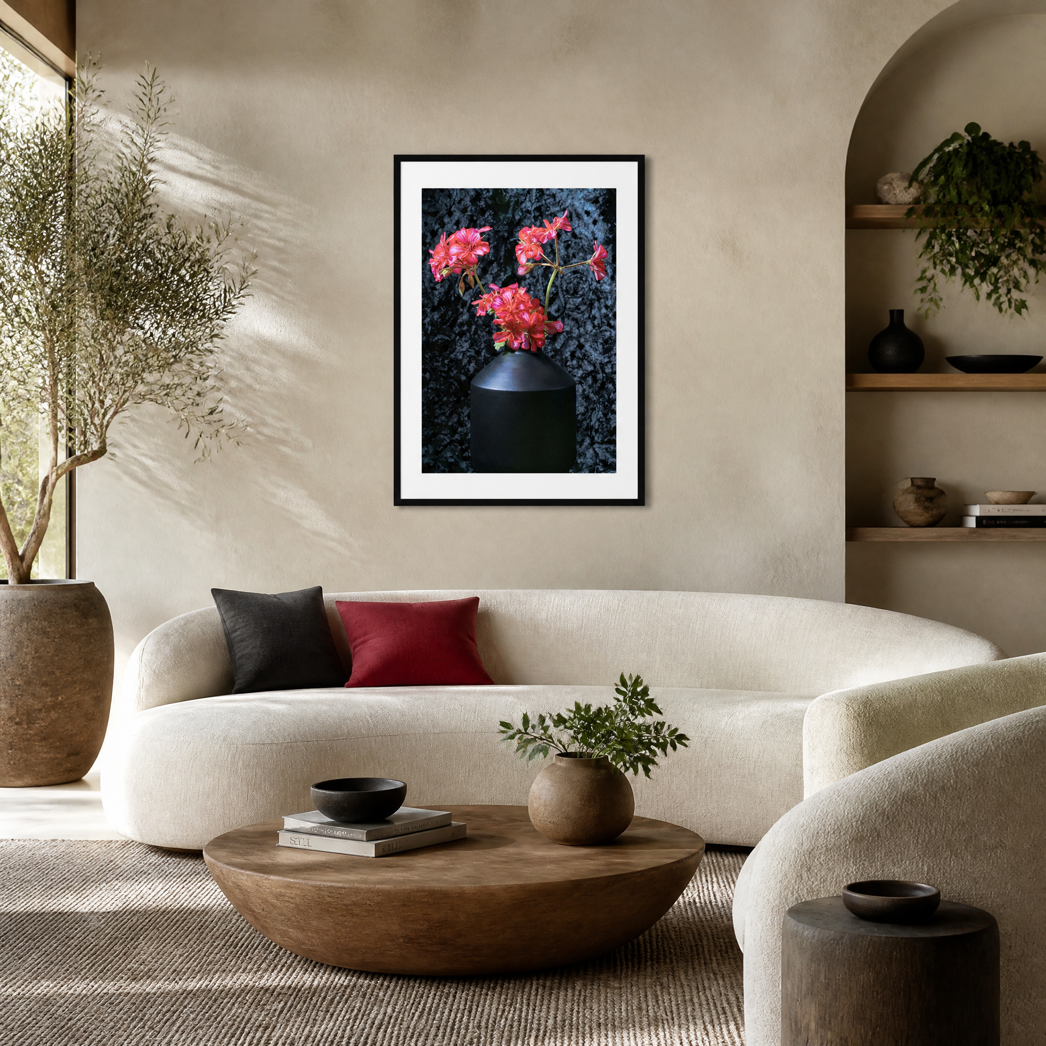 Modern living room with a white sofa, wooden coffee table, and decorative items. ~ Fine Art Photography by Ivo Titzin ~ Black Series ~ Limited edittion Wall Art by Gito