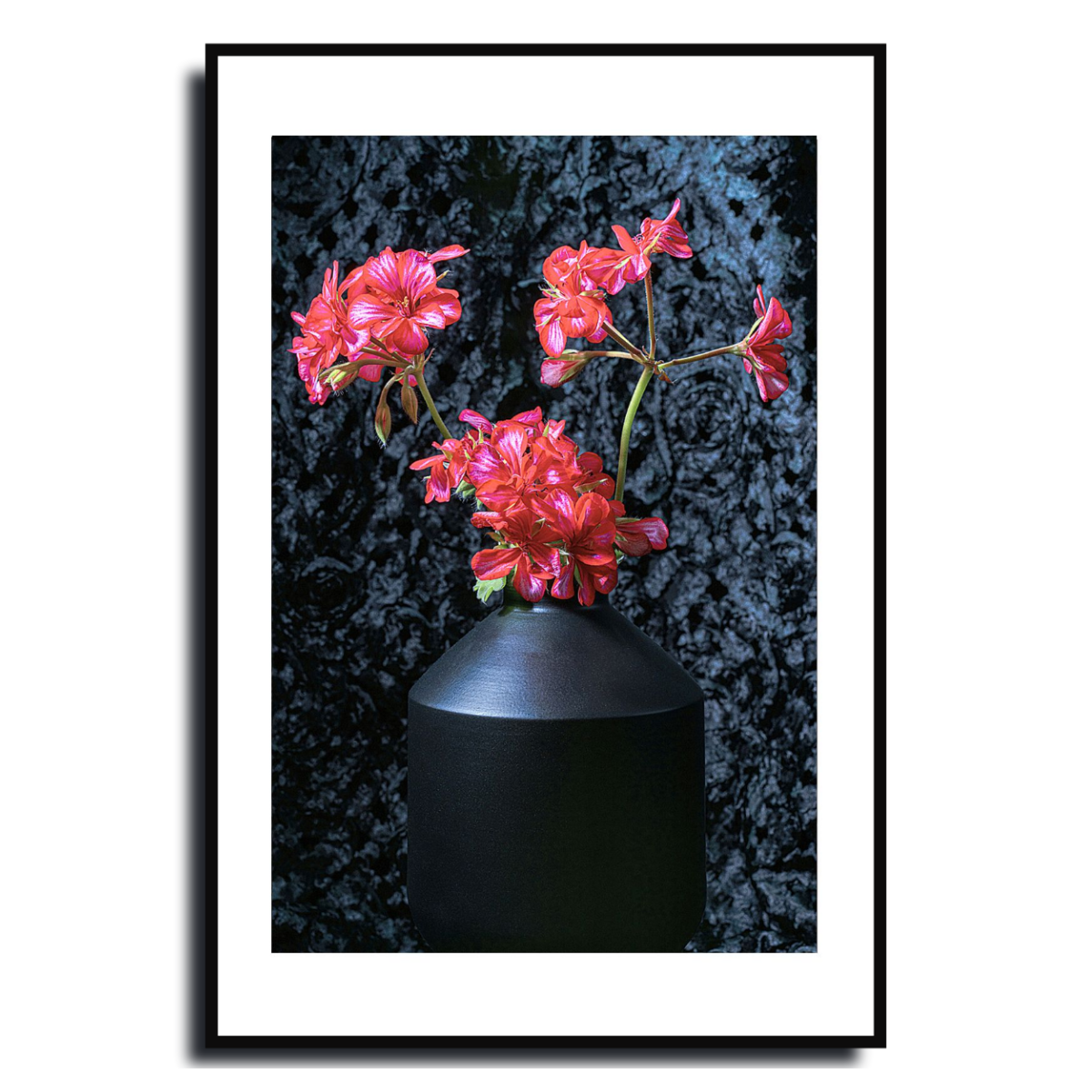 Framed artwork of a black vase with pink flowers against a dark textured background ~ Fine Art Photography by Ivo Titzin ~ Black Series ~ Limited edittion Wall Art by Gito