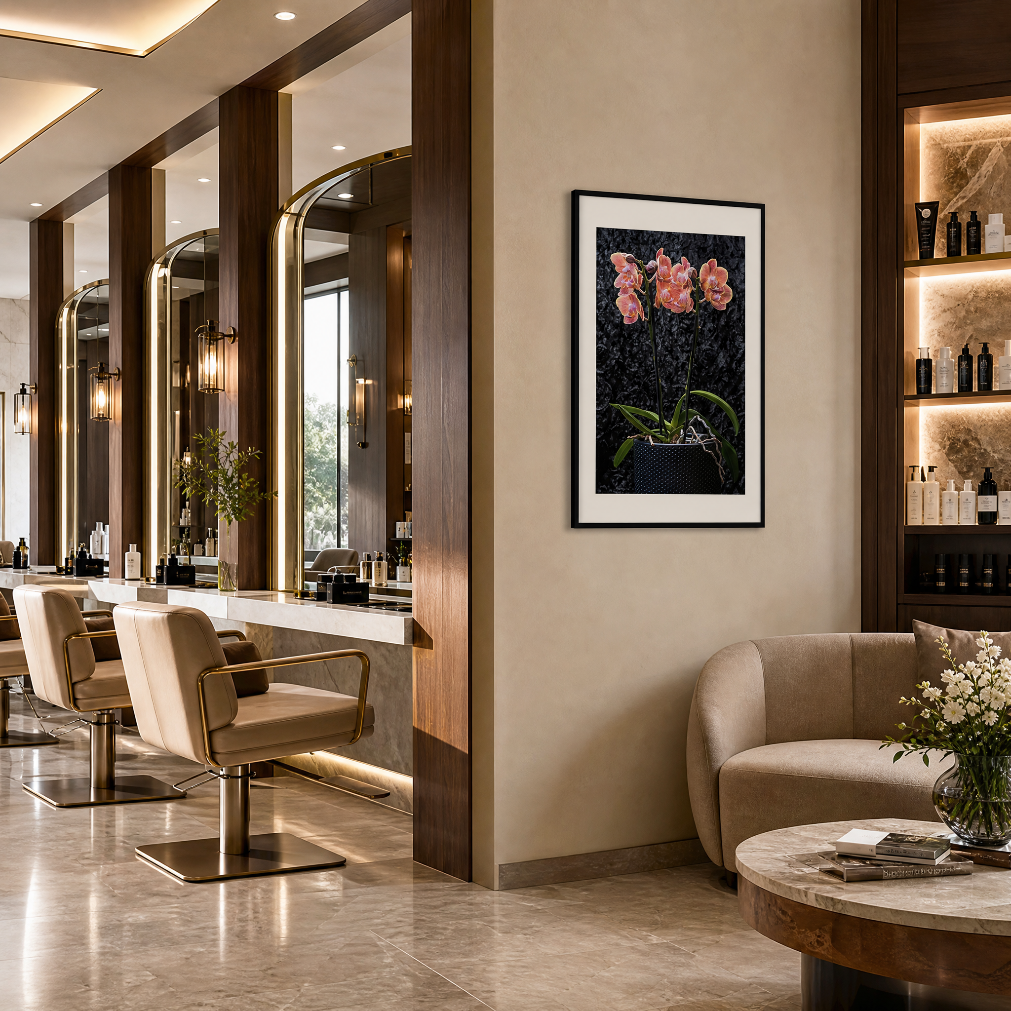 Modern salon interior with mirrors, chairs, and decor elements. ~ Fine Art Photography by Ivo Titzin ~ Gito Limited Edition Wall Art
