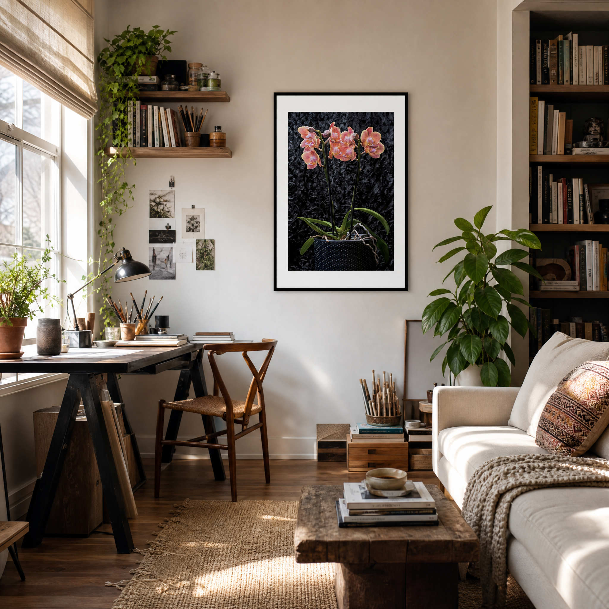 Living room with a white sofa, coffee table, and bookshelf with plants and books. ~ Fine Art Photography by Ivo Titzin ~ Gito Limited Edition Wall Art