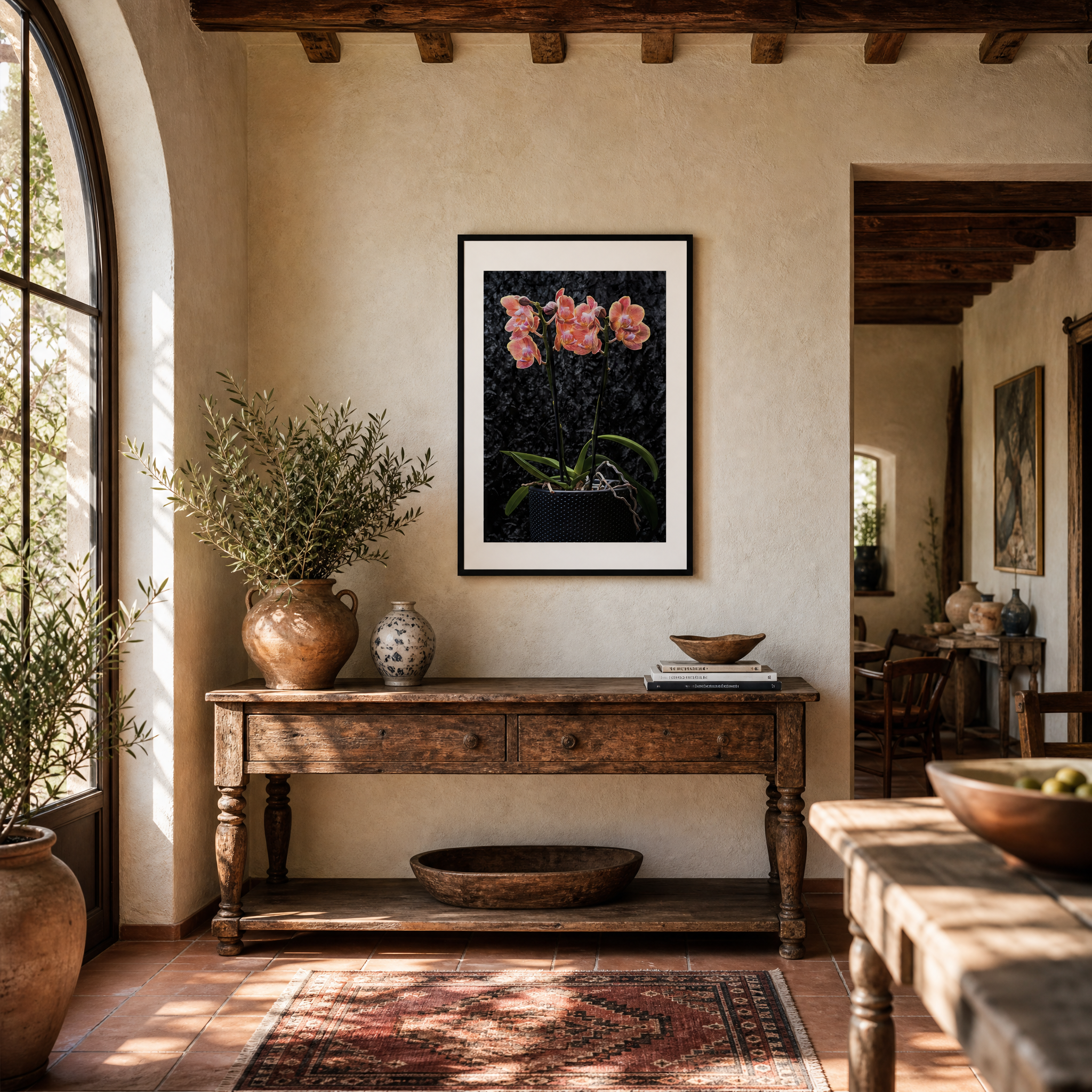 Living room with wooden console table, decorative items, and framed artwork on a beige wall. ~ Fine Art Photography by Ivo Titzin ~ Gito Limited Edition Wall Art