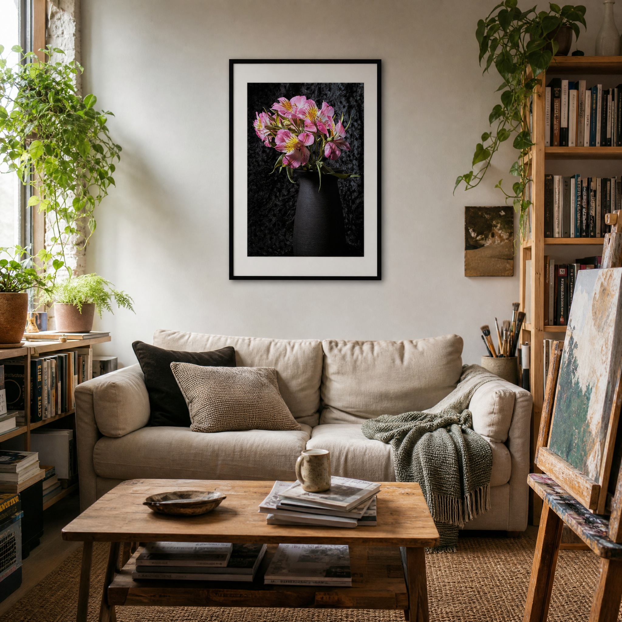 Living room with a beige sofa, wooden coffee table, and framed flower picture on the wall. ~ Fine Art Photography by Ivo Titzin ~ Collectable Wall Art by Gito ~ Limited Eedition