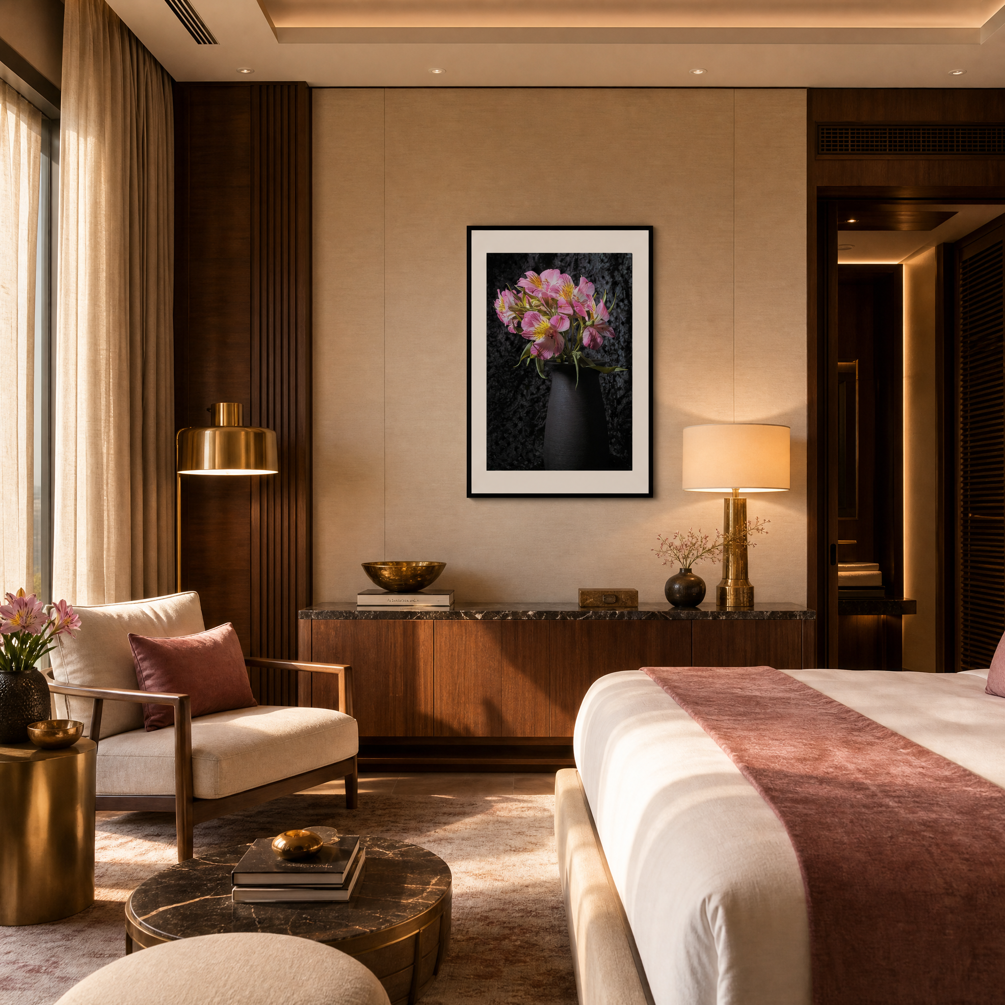 Luxurious bedroom with a bed, armchair, and decorative elements. ~ Fine Art Photography by Ivo Titzin ~ Collectable Wall Art by Gito ~ Limited Eedition