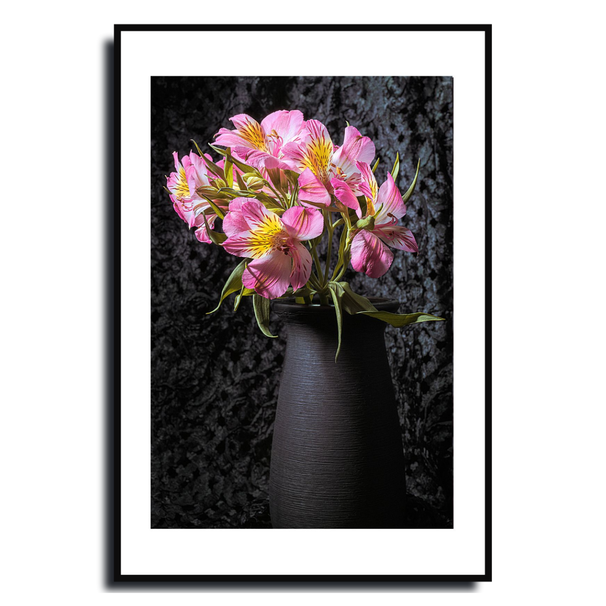 Framed artwork of pink flowers in a dark vase against a textured black ~ Fine Art Photography by Ivo Titzin ~ Collectable Wall Art by Gito ~ Limited Eeditionbackground