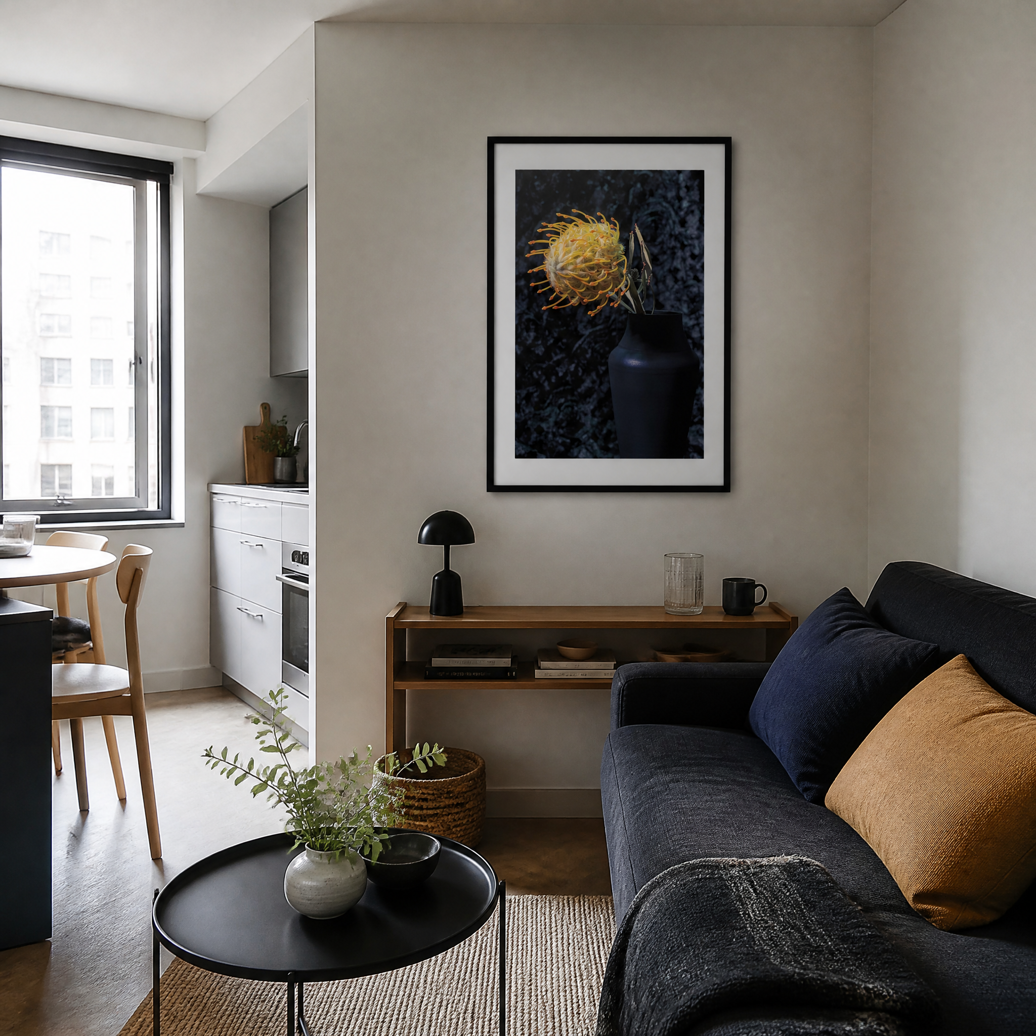 Modern living room with a gray sofa, coffee table, and framed artwork on the wall. ~ Pincushion Protea ~ Fine Art Photography by Ivo Titzin ~ Luxury Wall Art by Gito ~ Limited edition