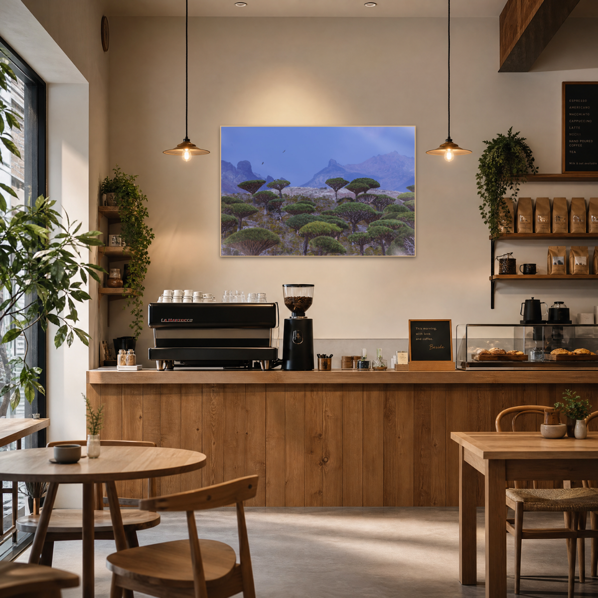 Gito.Art - Exclusive Art Print - Photography by Delyan Markov
A framed landscape art print depicting a blue-toned savanna scene with trees and mountains, displayed on the wall above a wooden coffee bar in a modern, sunlit cafe.