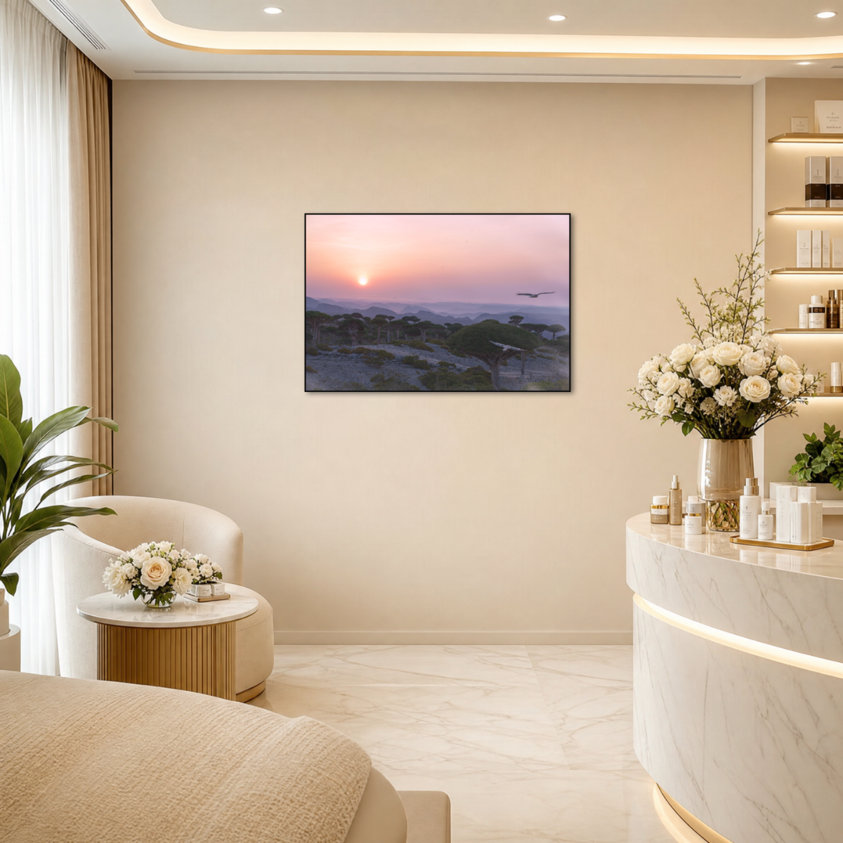 Gito.Art - Exclusive Art Print - Photography by Delyan Markov
A framed landscape wall art print depicting a sunset over dunes, displayed on a beige wall in a modern, elegant spa-like interior with a reception desk, white floral arrangements, and a lounge chair.