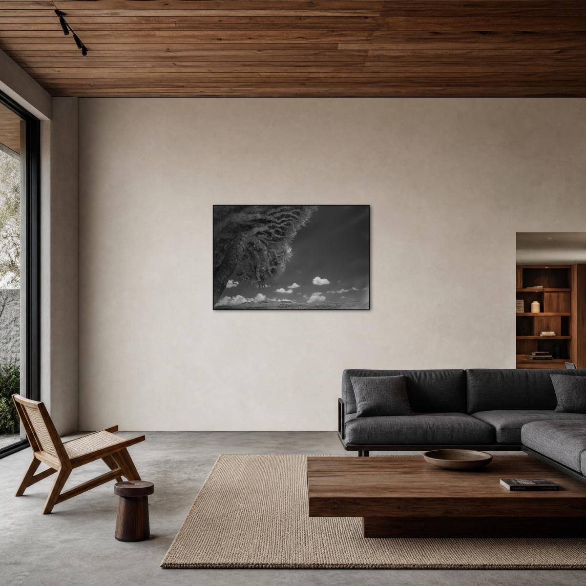 Gito.Art - Exclusive Art Print - Photography by Delyan Markov
A black and white landscape art print depicting a dramatic stormy sky and textured clouds, displayed on a beige wall in a modern, minimalist living room with a gray sofa and wooden furniture.