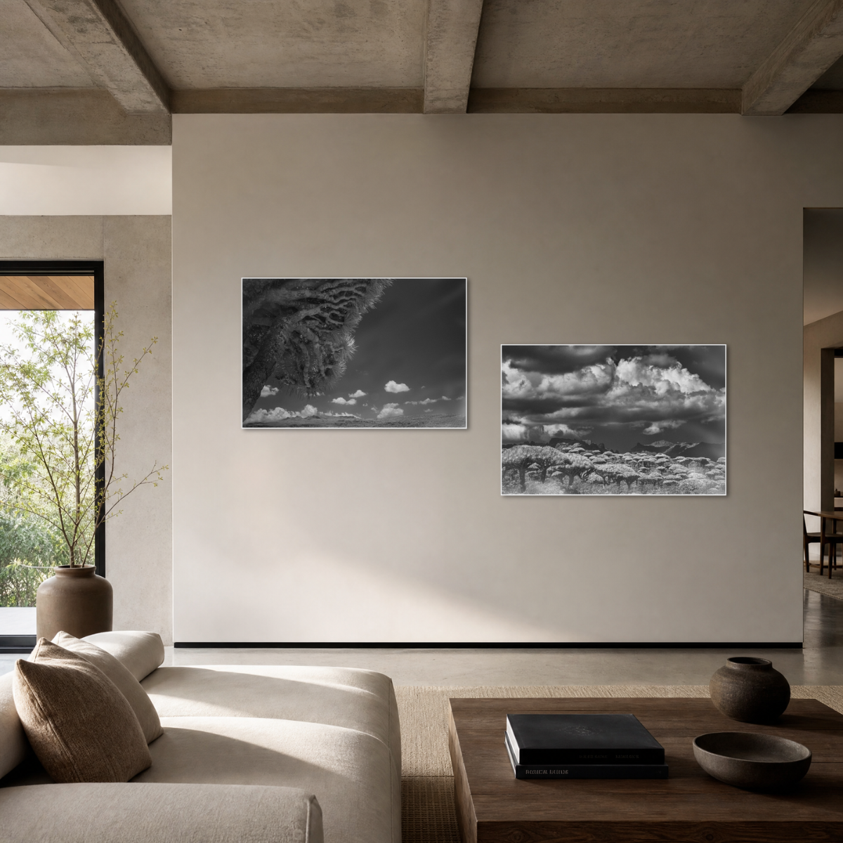 Gito.Art - Exclusive Art Print - Photography by Delyan Markov
Two framed black and white landscape art prints hang on a beige wall in a modern, minimalist living room with a concrete ceiling, a light-colored sofa, and a wooden coffee table.