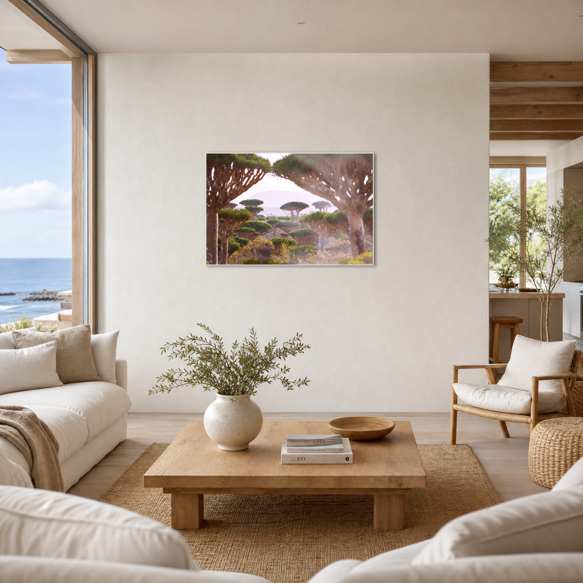 Gito.Art - Exclusive Art Print - Photography by Delyan Markov
A framed landscape art print depicting a Mediterranean olive grove with umbrella trees, hung on a white wall in a modern, sunlit living room with a wooden coffee table and beige sofa.