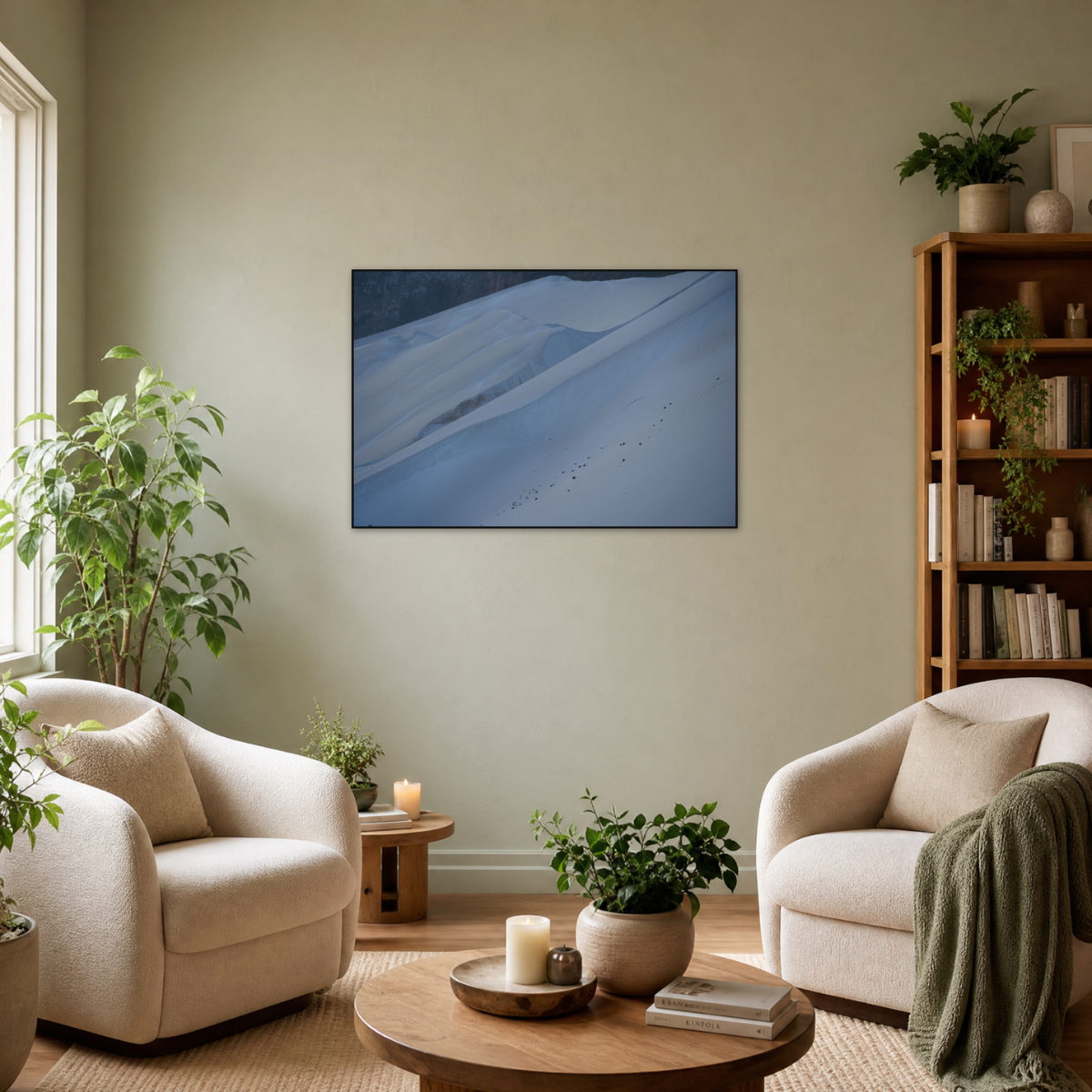 Gito.Art - Exclusive Art Print - Photography by Delyan Markov
A framed landscape art print depicting blue and white sand dunes, displayed on a beige wall in a modern, cozy living room with two cream armchairs, a wooden coffee table, and a bookshelf.