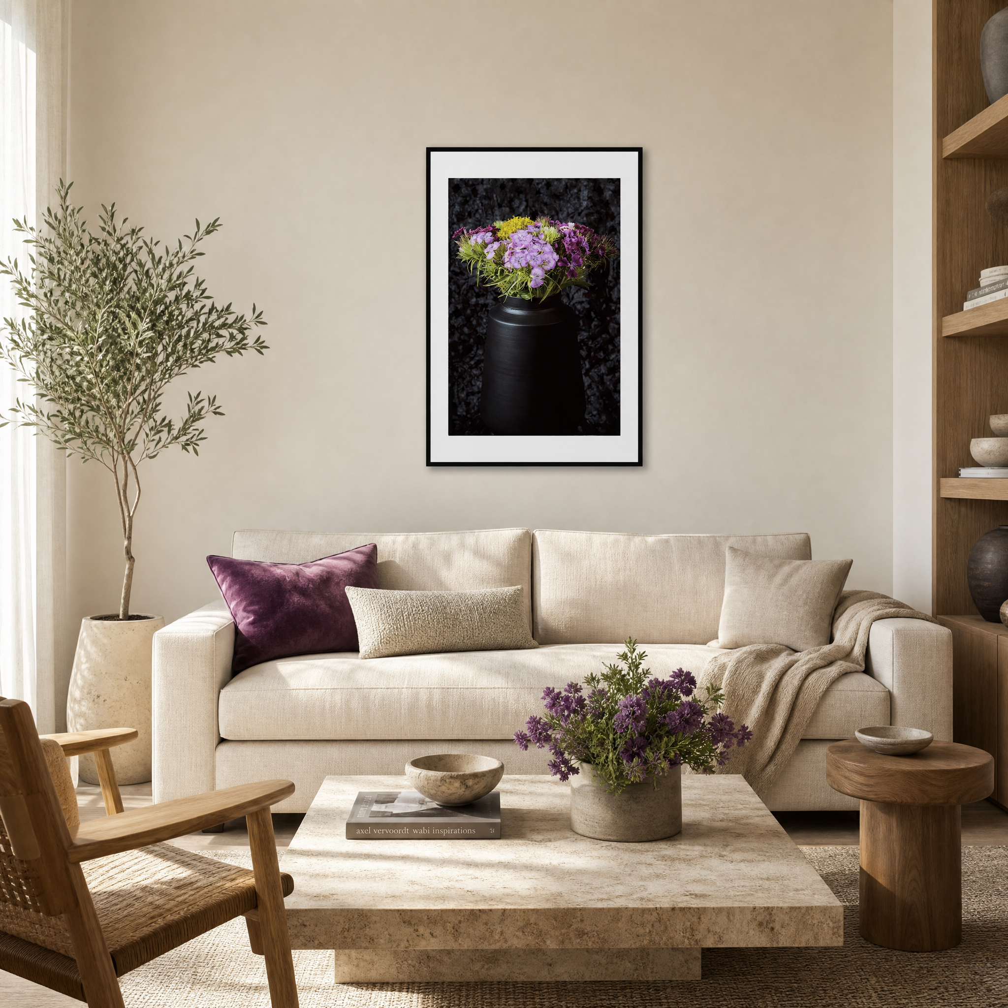Living room with beige sofa, wooden armchair, and coffee table with decorative items. ~ Fine Art Photography by Ivo Titzin ~ Gito Limited Wall Art