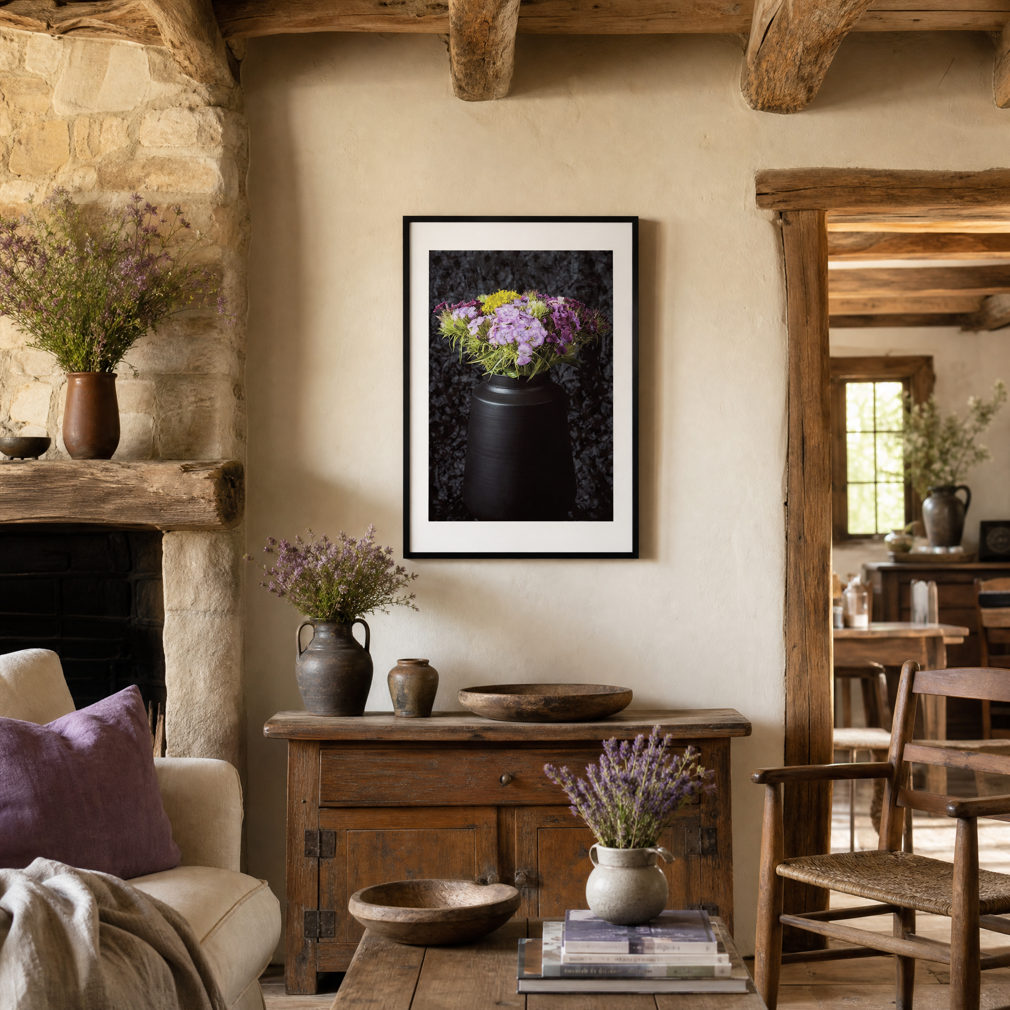 Living room with floral arrangements, a fireplace, and framed artwork. ~ Fine Art Photography by Ivo Titzin ~ Gito Limited Wall Art