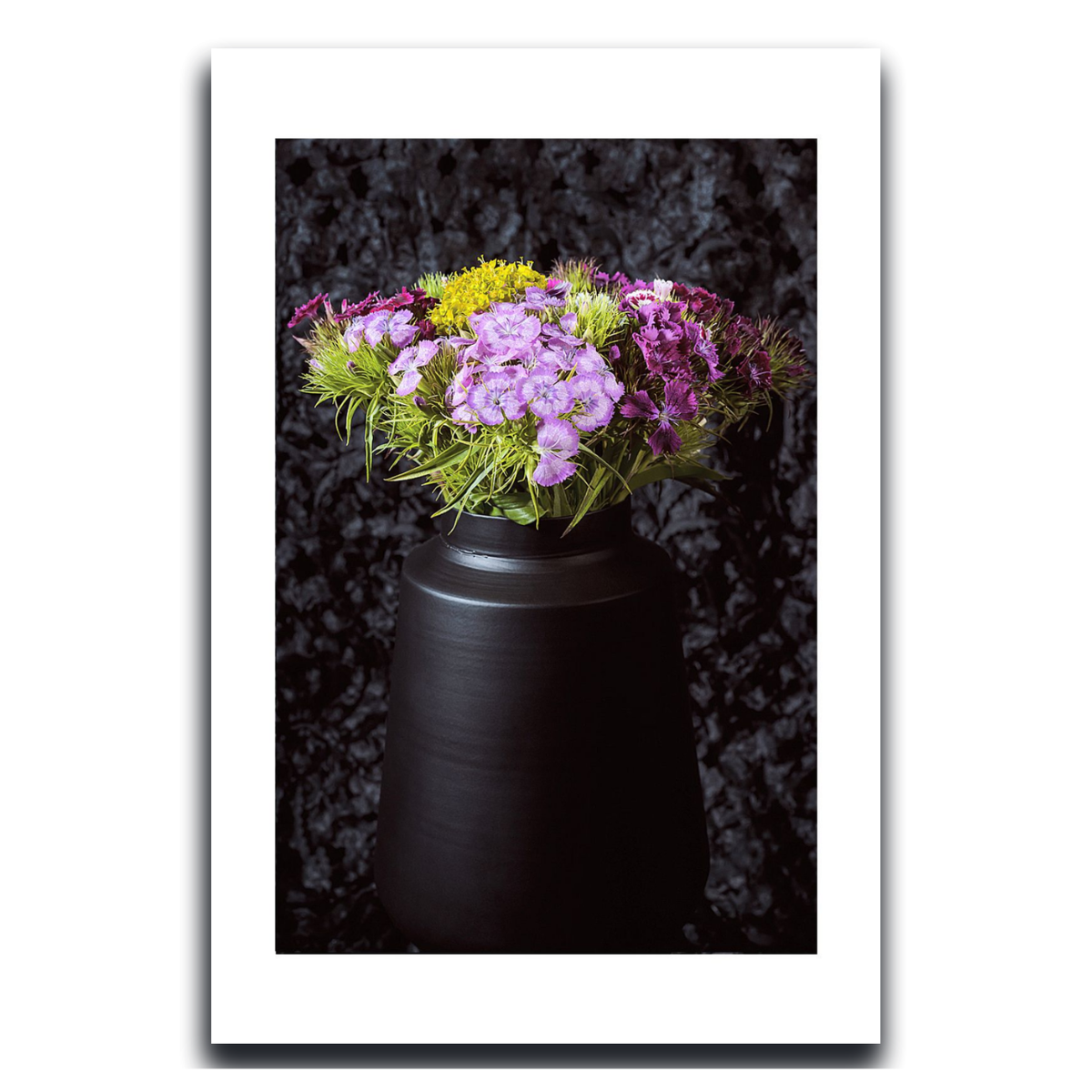 Black vase with colorful flowers against a dark textured background ~ Fine Art Photography by Ivo Titzin ~ Gito Limited Wall Art