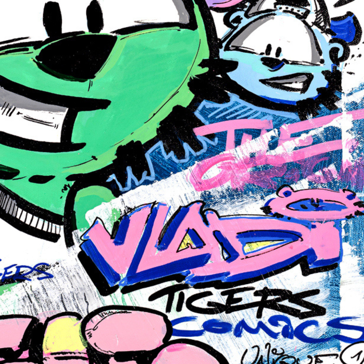 Gito Fine Art Print - Art Vladi Vl Comics - Tigers
Graffiti-style comic art featuring a green cartoon character, a blue character with a helmet, bold pink and blue lettering, and the words 'TIGERS COMICS' on a white background.