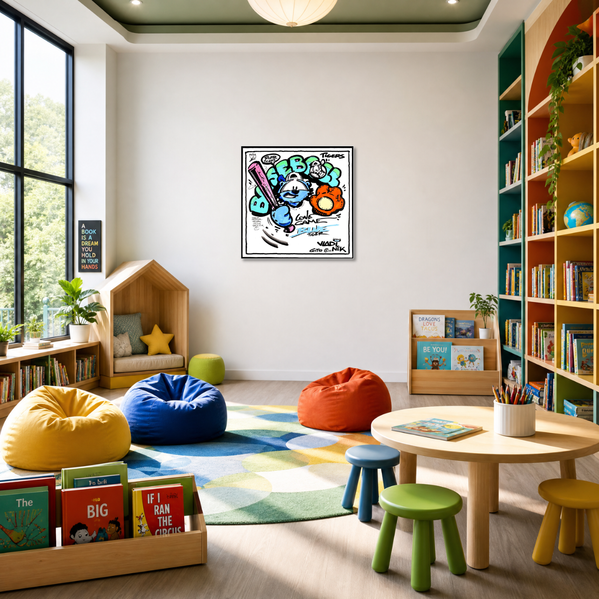 A colorful children's playroom with a framed cartoon art print on the wall, beanbag chairs, a small wooden table and stools, bookshelves, and a large window.
Gito Fine Art Print - Art Vladi Vl Comics - Tigers
