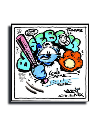 A framed square art print featuring a colorful graffiti-style cartoon tiger holding a pink baseball bat, with bold lettering including 'TIGERS' and 'LOVE GAME TIGER'. The print is shown against a plain white background with a drop shadow.
Gito Fine Art Print - Art Vladi Vl Comics - Tigers