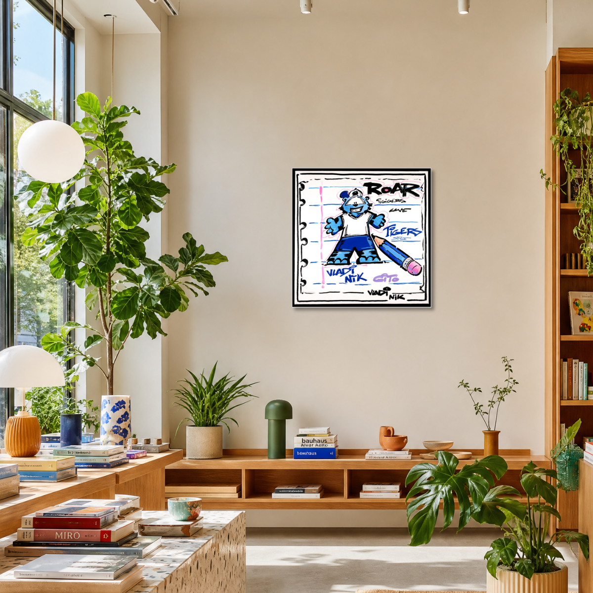 A framed wall art print featuring a cartoon tiger character with the word 'ROAR' and handwritten-style text, displayed in a bright, modern living room with plants, shelves, and wooden furniture.
Gito Fine Art Print - Art Vladi Vl Comics - Tigers
