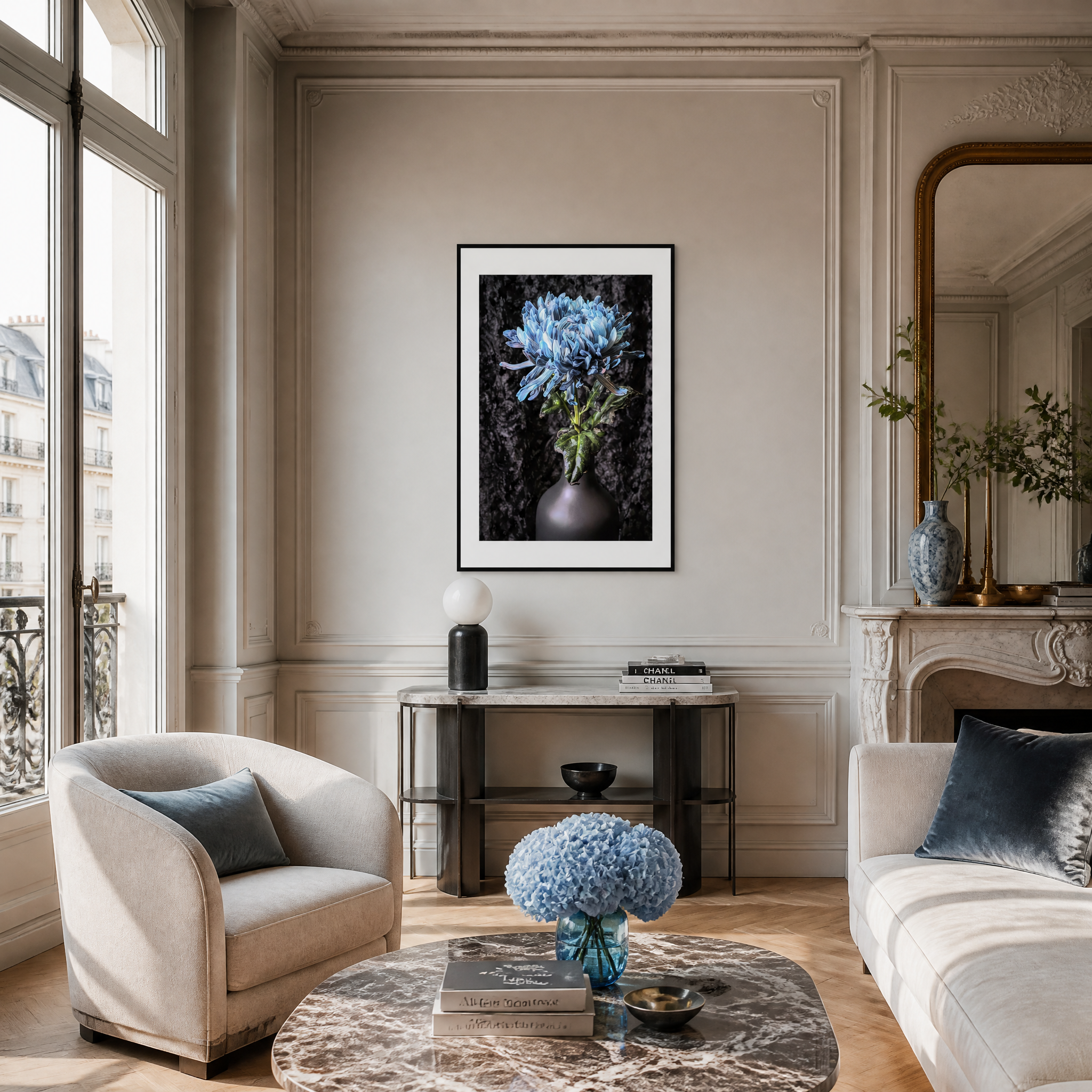 Living room with beige walls, marble coffee table, and decorative elements. Blue Chrysanthemum ~ Fine Art Photography by Ivo Titzin ~ Limited Edittion Wall Decor by Gito Art
