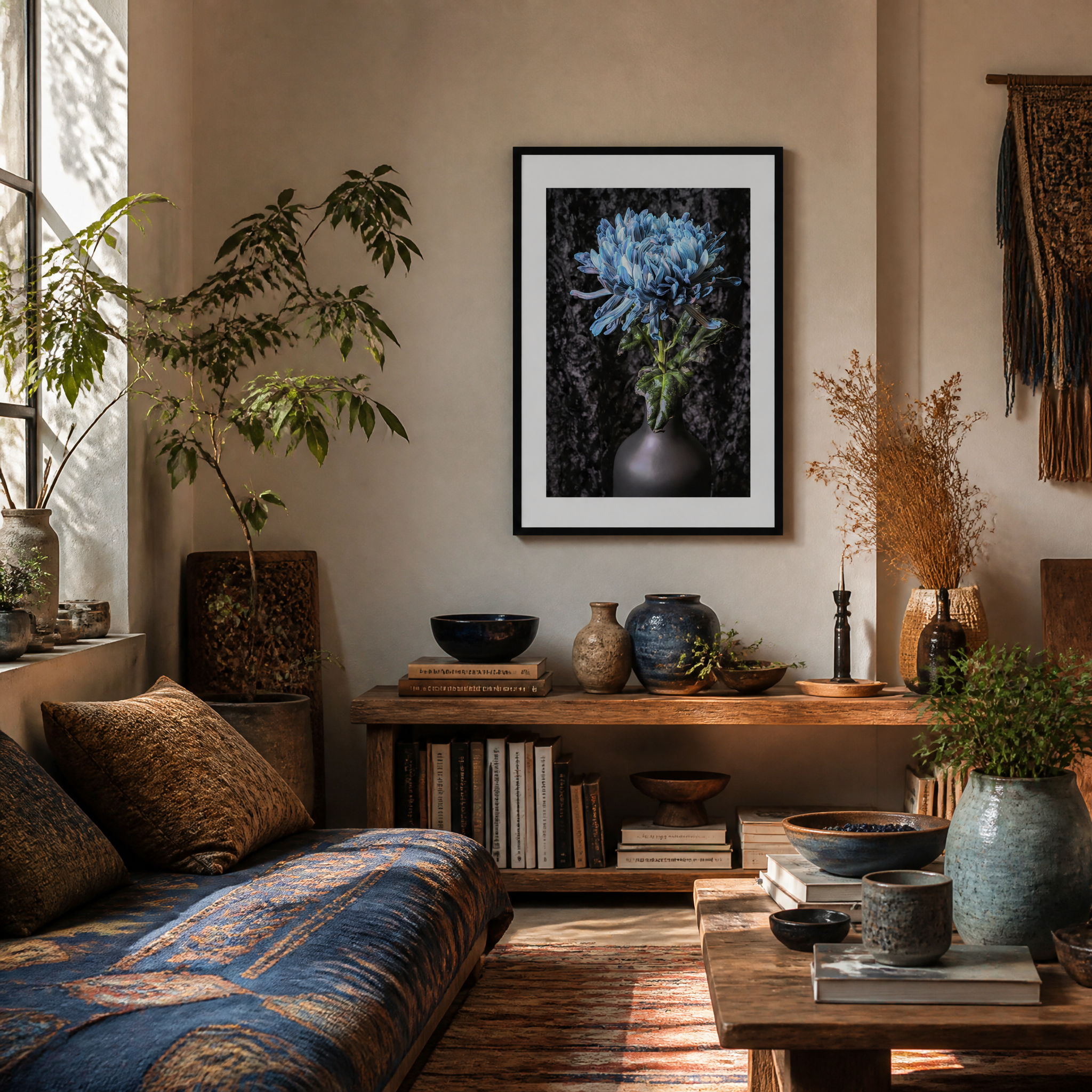 Living room with a couch, coffee table, and decorative items including a framed picture of flowers. Blue Chrysanthemum ~ Fine Art Photography by Ivo Titzin ~ Limited Edittion Wall Decor by Gito Art