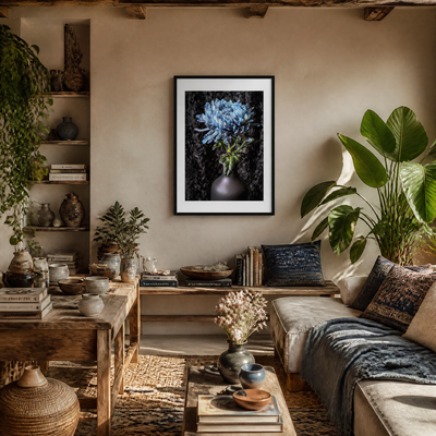 Cozy living room with a framed artwork of blue flowers, bookshelf, and decorative items. Blue Chrysanthemum ~ Fine Art Photography by Ivo Titzin ~ Limited Edittion Wall Decor by Gito Art