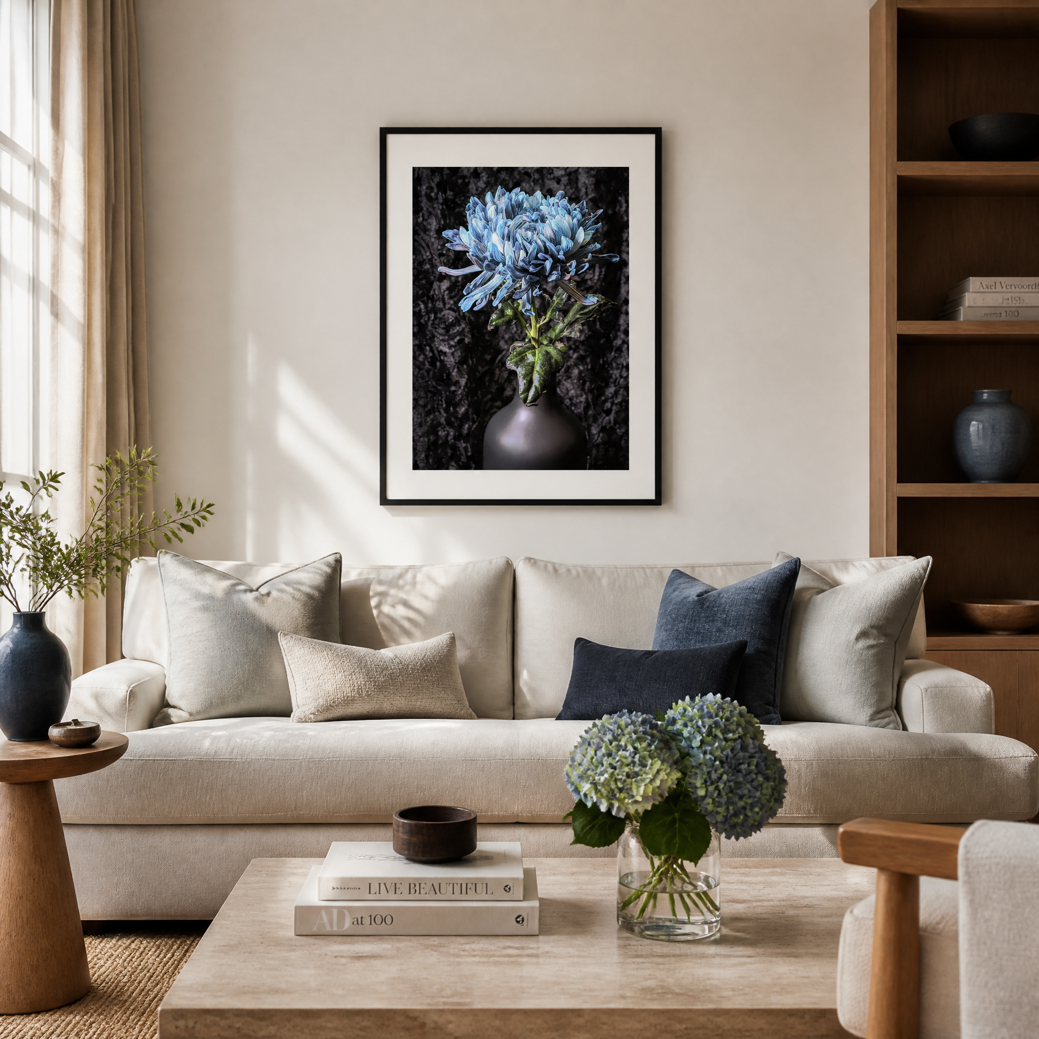 Living room with beige sofa, coffee table, and wall art Blue Chrysanthemum ~ Fine Art Photography by Ivo Titzin ~ Limited Edittion Wall Decor by Gito Art